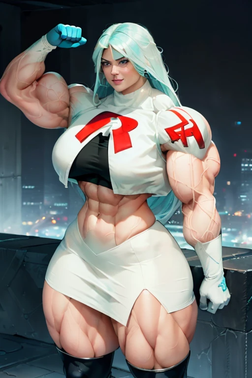 (((((Massive tall, beautiful, buff, pale white muscular goddess woman with cyan hair, ginormous bulky muscles and wearing a sleeveless team rocket uniform with skirt))))), close view, (massive muscles), massive biceps, hyper muscle shoulders, (ginormous muscular arms), vascular shoulders, hyper muscle triceps, (beachy long hair), purple eyes, choker, black thigh high boots, (on the rooftop), confident smile, night, hyper vascular arm, hyper muscles arms, hyper muscle legs, (ginormous arms).