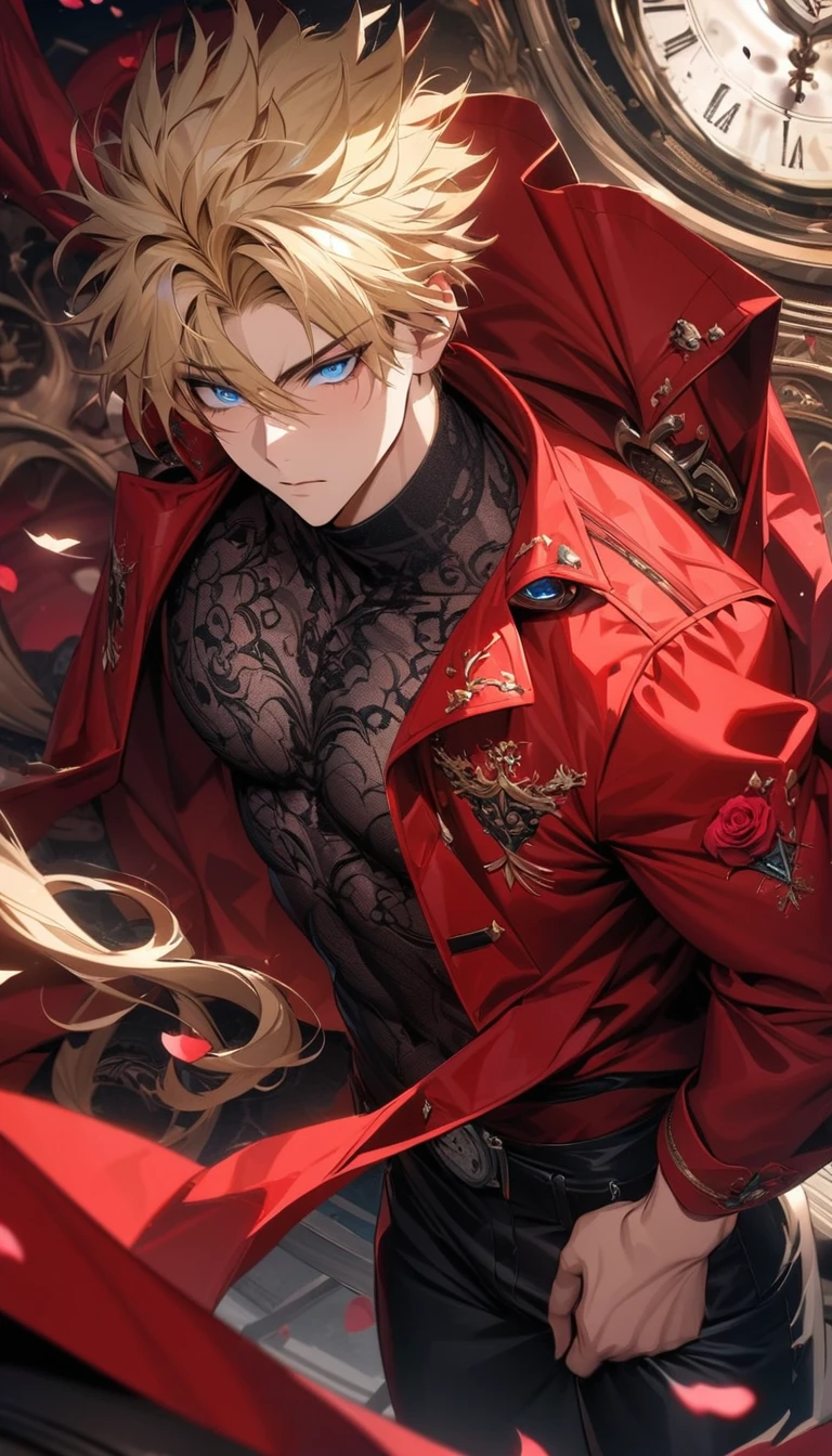 absurdres, highres, ultra detailed, HDR, masterpiece, extremely detailed face and eyes, perfect face, Vash Stampede, blond hair, expressive blue eyes, Trigun, solo, sexy man, handsome, red coat, tight black shirt, patterns, black pants, toned chest, pink roses, petals, in woderland, clock
