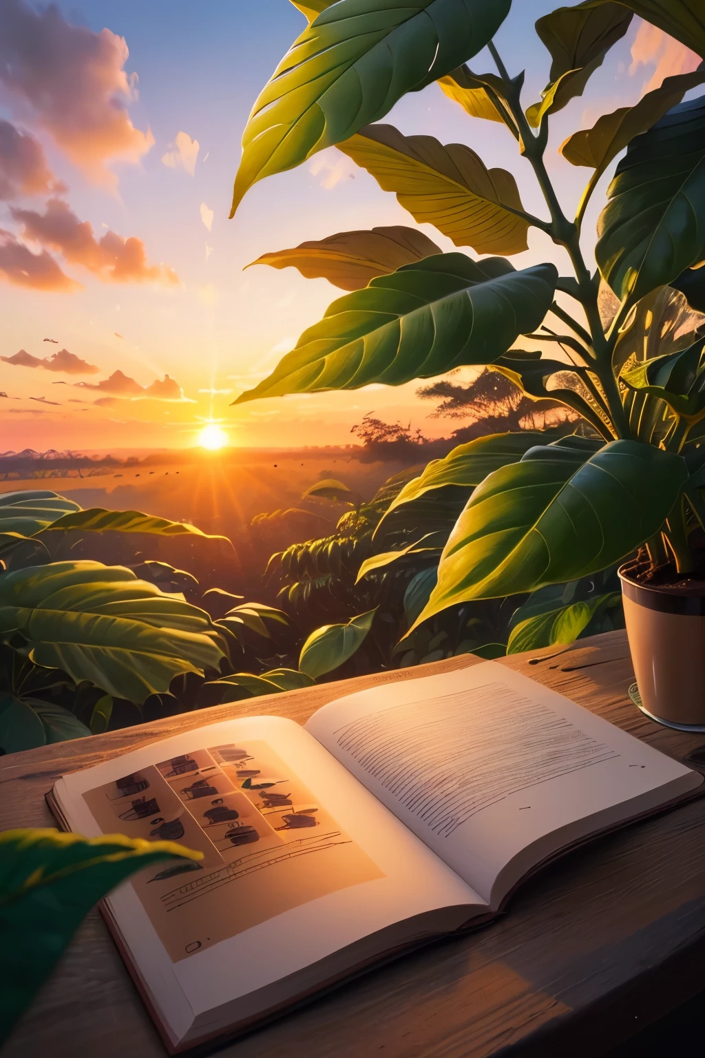 ((sunset with coffee plants and beans)), ((illustrated)), coffee product cover without coffee cups or women