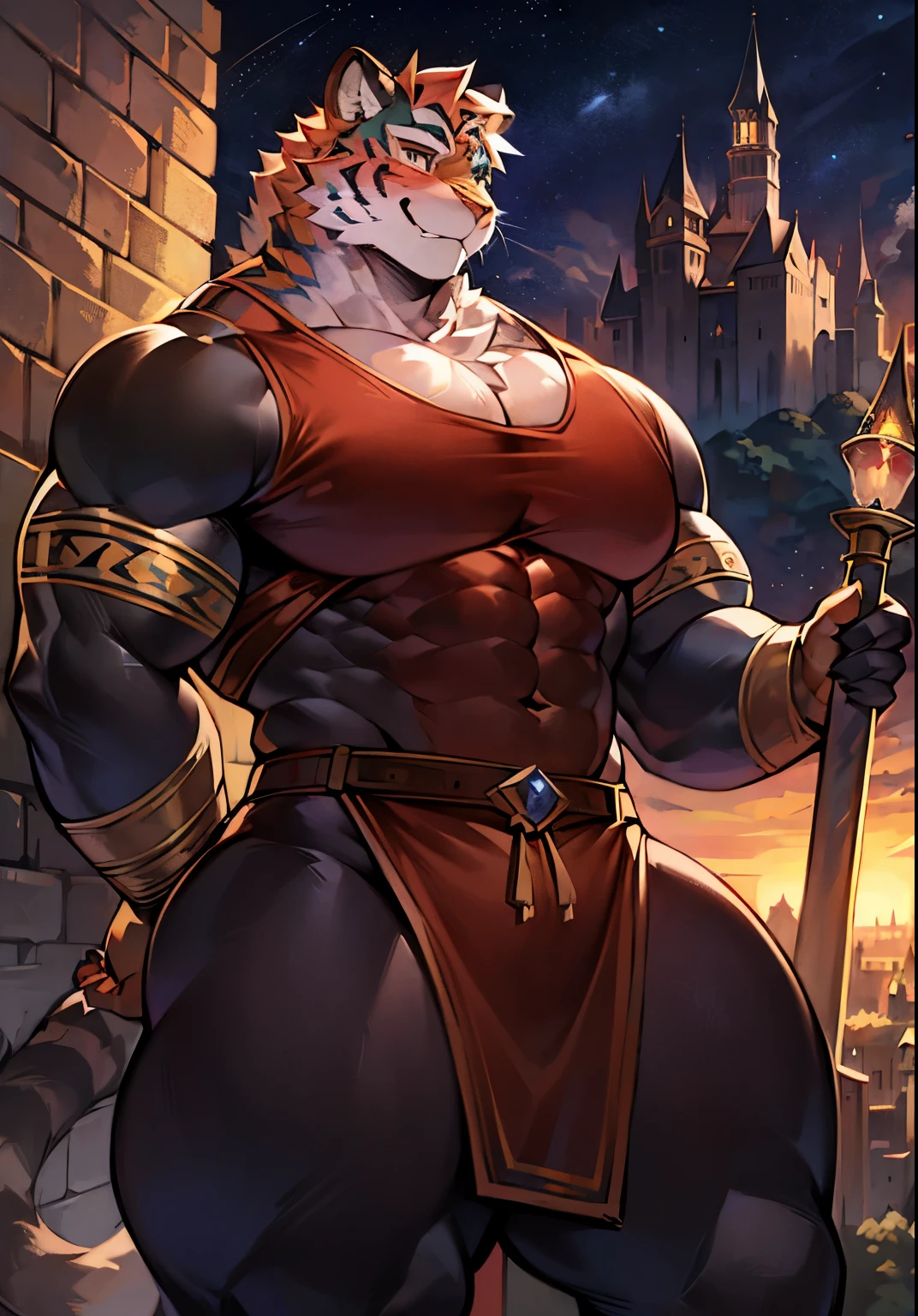 solo male, muscular body, massive pecs, ripped body, bulging pecs, saggy pecs, round pecs, huge pecs, tiger knight, standing under the stars, fantasy background with castle in the distance, facing viewer, head tilted to the side, beautiful sunset sky, wearing tunic, tiger furry character, bulging thighs, thick thighs, biceps, thick biceps, small waist