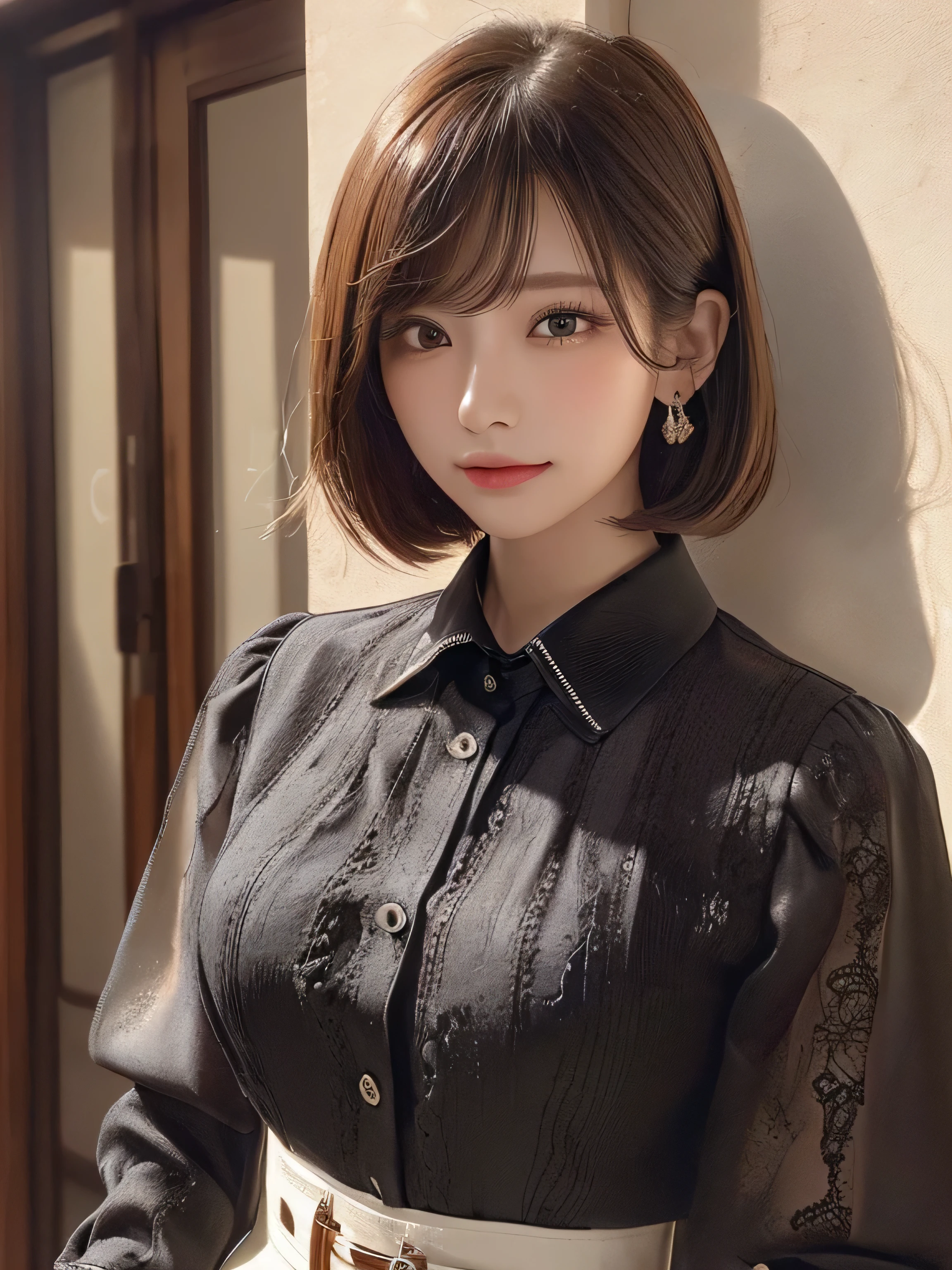((highest quality)),(超A high resolution),(Very detailed),(Detailed Description),((The best CG)),(masterpiece),super precision art, bob hair、 ((wearing an a collared blouse:1.3)),