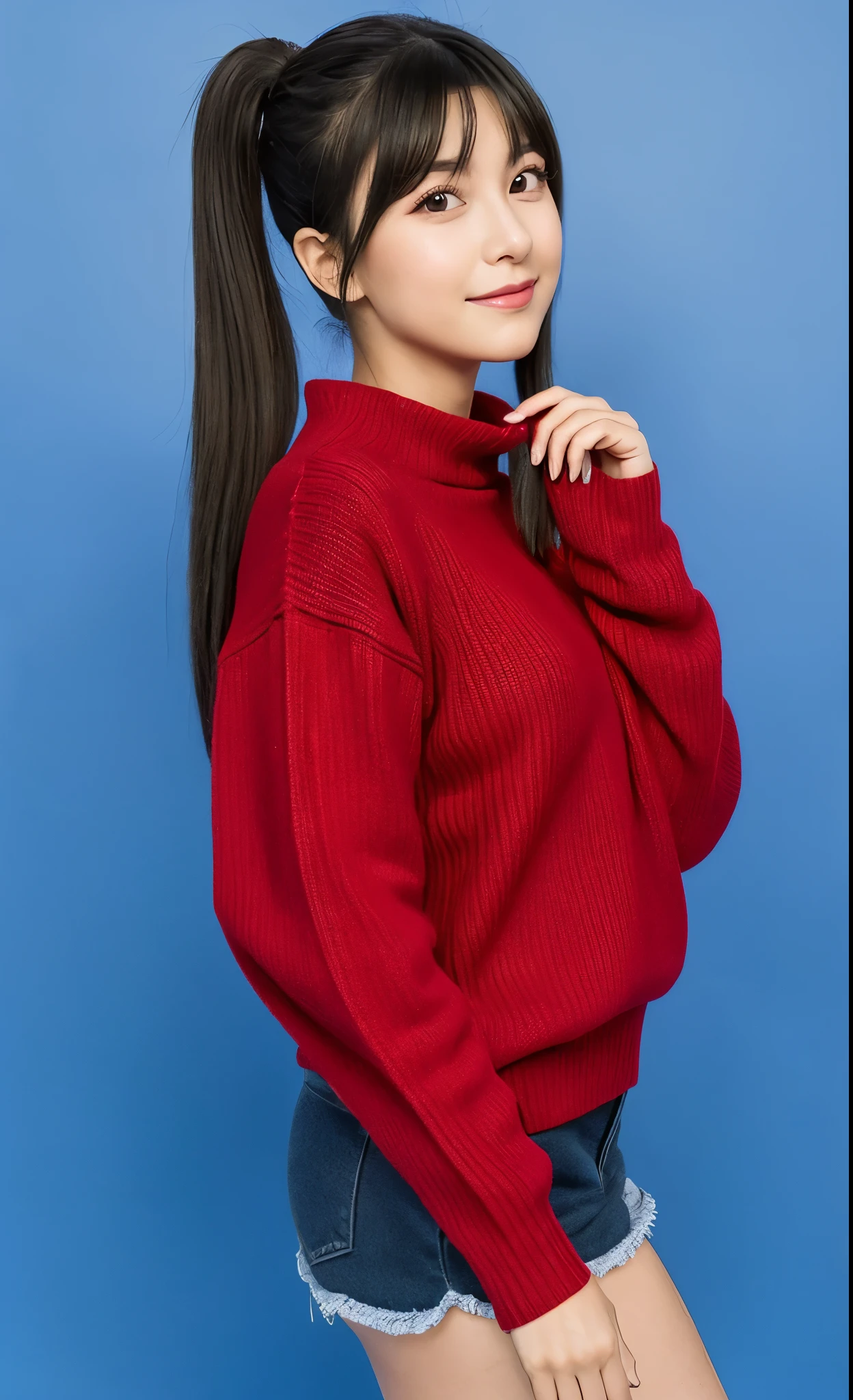 1;girl Tohsaka Rin,solo cabelo preto longo , red sweater , olhando para o espectador fundo azul, cabelo preto fundo simples dois lados para cima ,gola alta ,olhos azuis, lips closed mouth,fita de cabelo franja ,Gola Alta Sweater,parte superior do corpo , franja repartida ,fita preta ,Twintail ribbed sweater, nariz perfect,pele bem detalhada,(((obra-Prima 3d)))