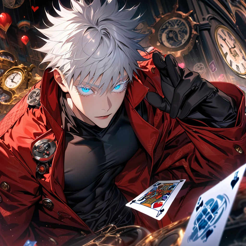 Ultra detailed, highres, absurdres, HDR, Gojou Satoru, white hair with bangs, blue eyes, white eyelashes, Jujutsu Kaisen, red long coat, black tight shirt with patterns, clock, gear, in wonderland, heart cards, sexy man, solo, handsome, very detailed face and eyes, toned chest, black gloves,