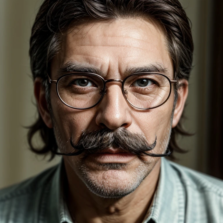 Masterpiece, best, 1male, mature man, man with mustache, glasses, face close-up.