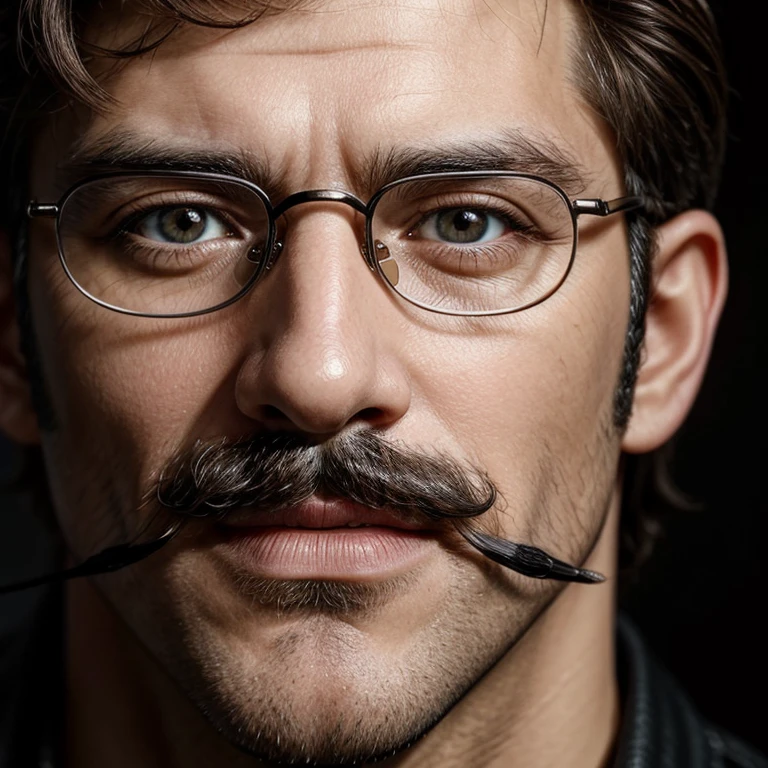 Masterpiece, best, 1male, mature man, man with mustache, glasses, face close-up.