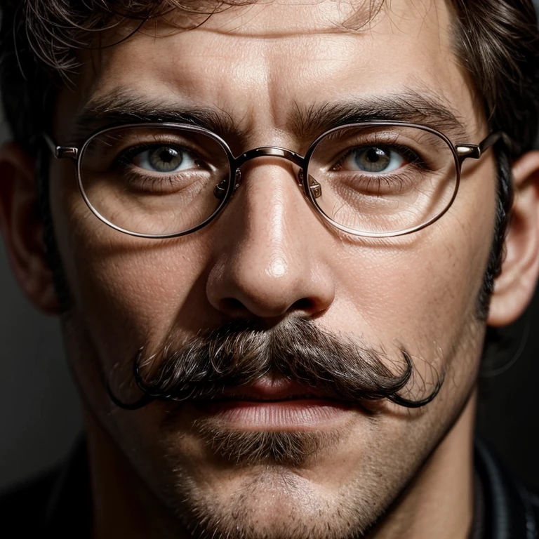 Masterpiece, best, 1male, mature man, man with mustache, glasses, face close-up.