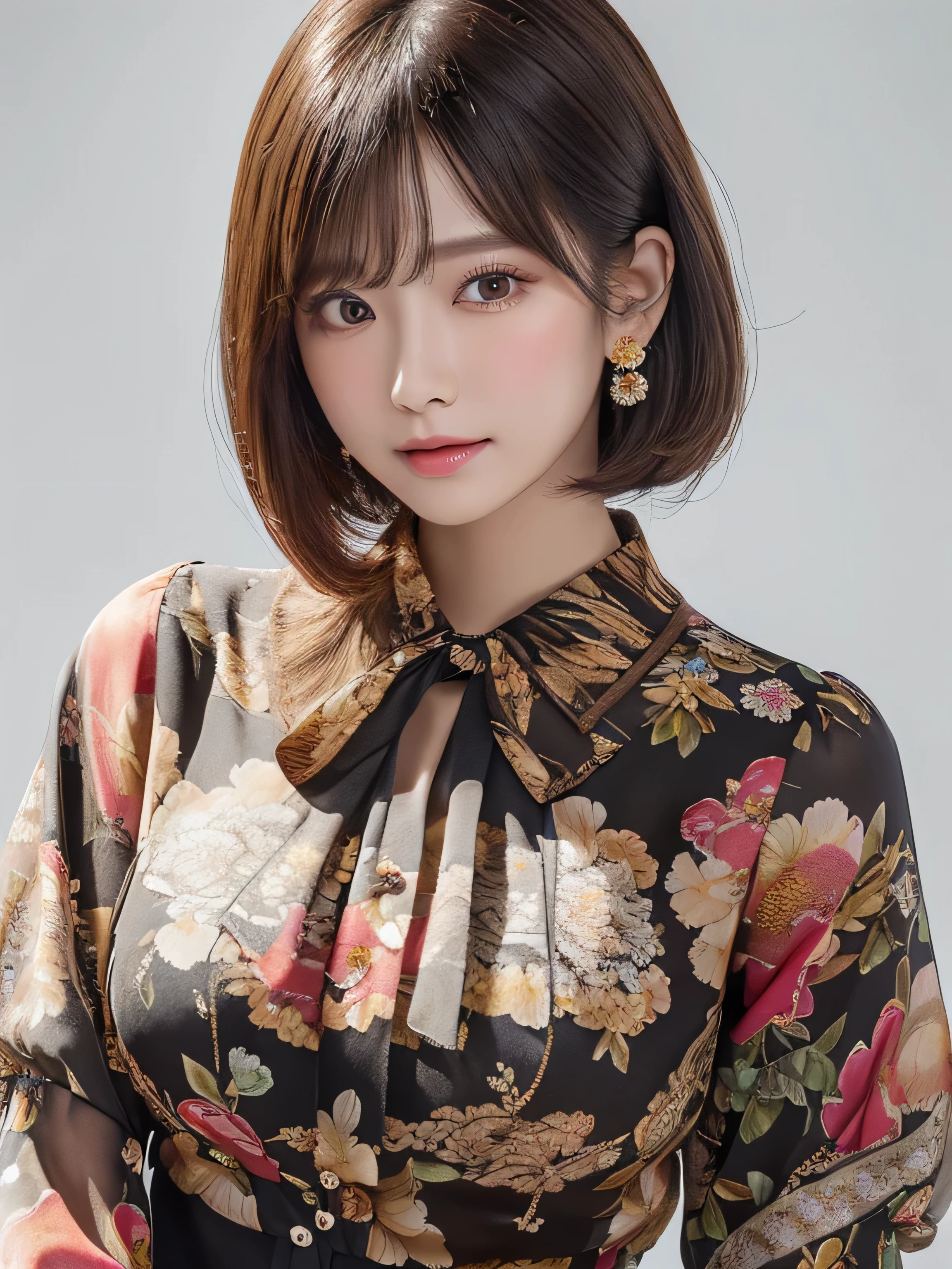 ((highest quality)),(超A high resolution),(Very detailed),(Detailed Description),((The best CG)),(masterpiece),super precision art, bob hair、((wearing Floral blouse :1.3))、