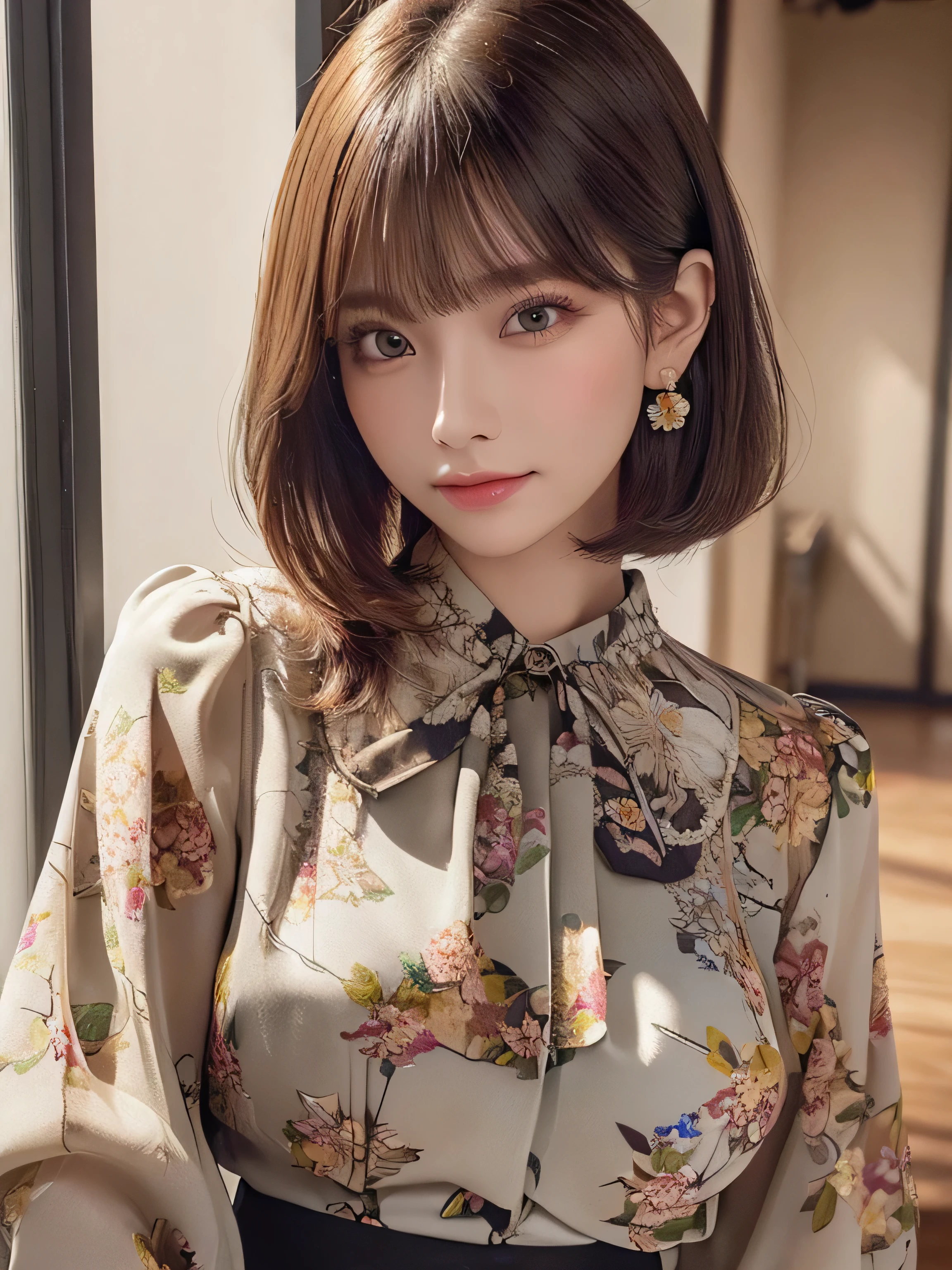 ((highest quality)),(超A high resolution),(Very detailed),(Detailed Description),((The best CG)),(masterpiece),super precision art, bob hair、((wearing Floral blouse :1.3))、