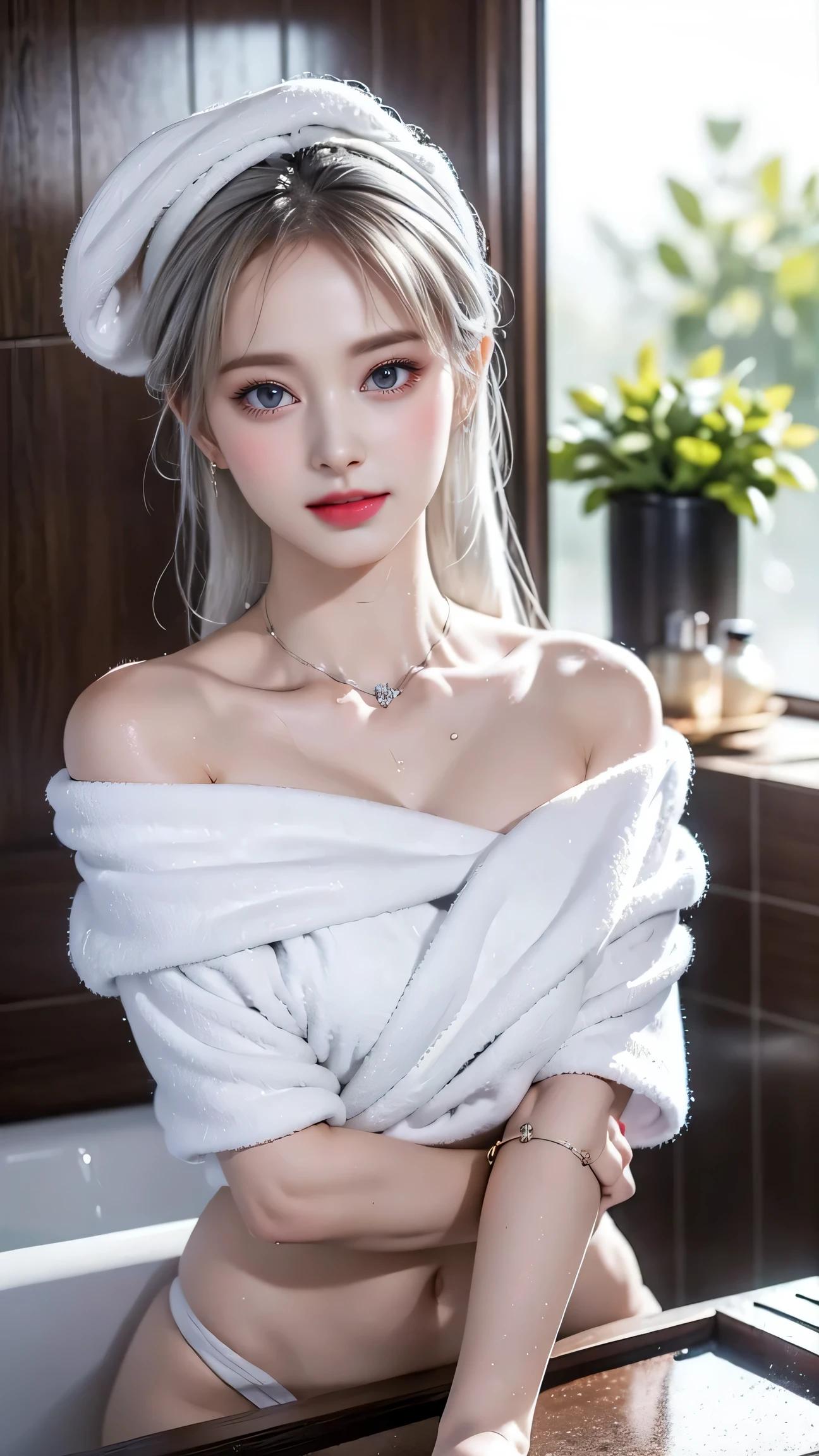 ((Girl taking a shower in the bathroom)),Top quality work,Actual work,Ultra Premium Graphics,8K HD CG works,High quality graphics,High-definition CG works,Extremely fine detail:1.1,Advanced Technical Details:1.1 Photorealistic,Natural light:1.5. Light effects(virtual Light effects:1.8),超A high resolution,長いSilver Hair,Silver Hair,Transparent Hair,Hair with attention to detail(Premium Hair Detail:1.1)Clear Eyes,Beautiful double eyelids,Sharp eye makeup, Delicate eyelash makeup, Thin eyebrows, Highly detailed eyes,High nose, Nice red lips, Rose Cheeks, A face with subtle makeup , Cute face, perfectly balanced face,(Advanced Face Detail:1.1),Shiny,summer sexy,((Wrapped in a wet off-the-shoulder bath towel))、((I can see her wet white panties)),photo shoot,((Wrapping a bath towel around your head))woman'Artwork by,Full body portrait,realism,wonderful,My eyes are shining today、((She's wet))、(Nipples),((Pink nipples are visible through the)),