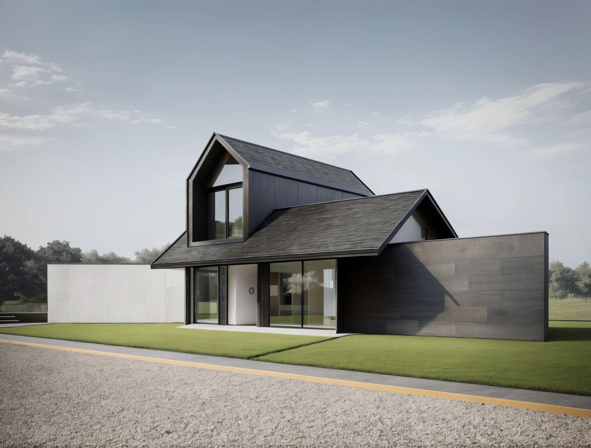 PLATFORM KTHOUSE, 1 industry house,, The main materials of the house are black and concrete walls, The town house is made from white walls, beautyful light, beautyfulday, sunny, lovely youthful feeling :1.2, sunlight at 12 noon, Very beautiful shadows,