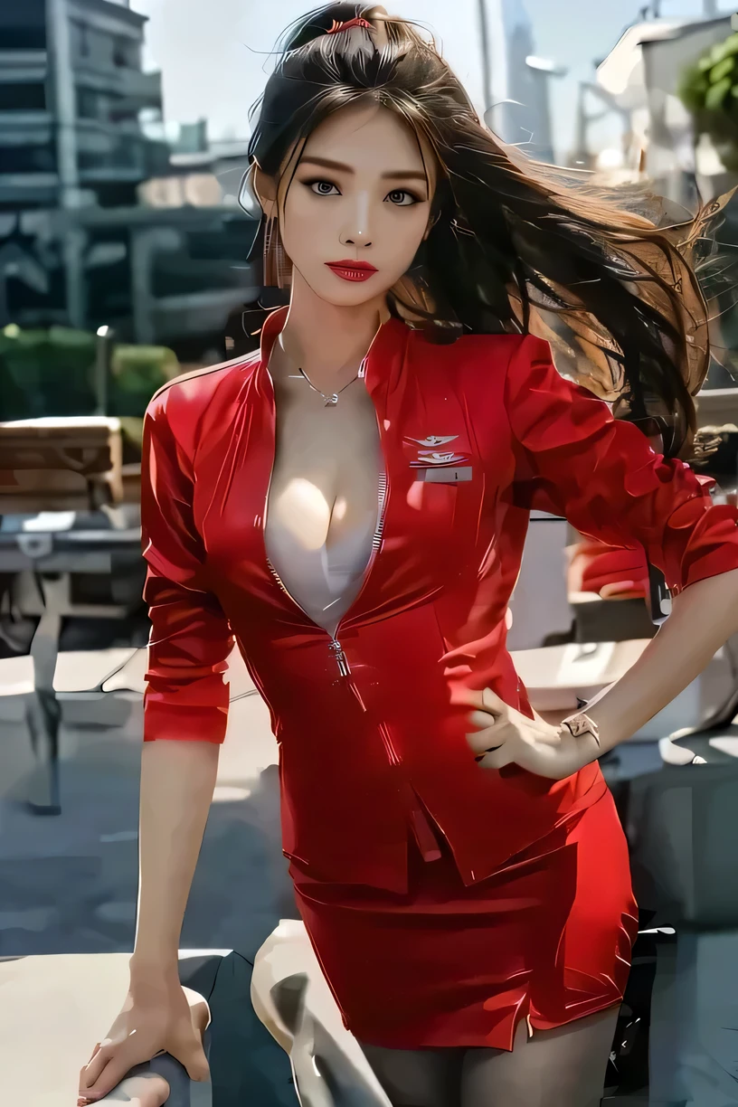 ponytail、AirAsia long sleeve red jacket uniform、Long hair that reaches down to the legs、She has very long, flowing hair that reaches down to her legs.、Dark brown hair