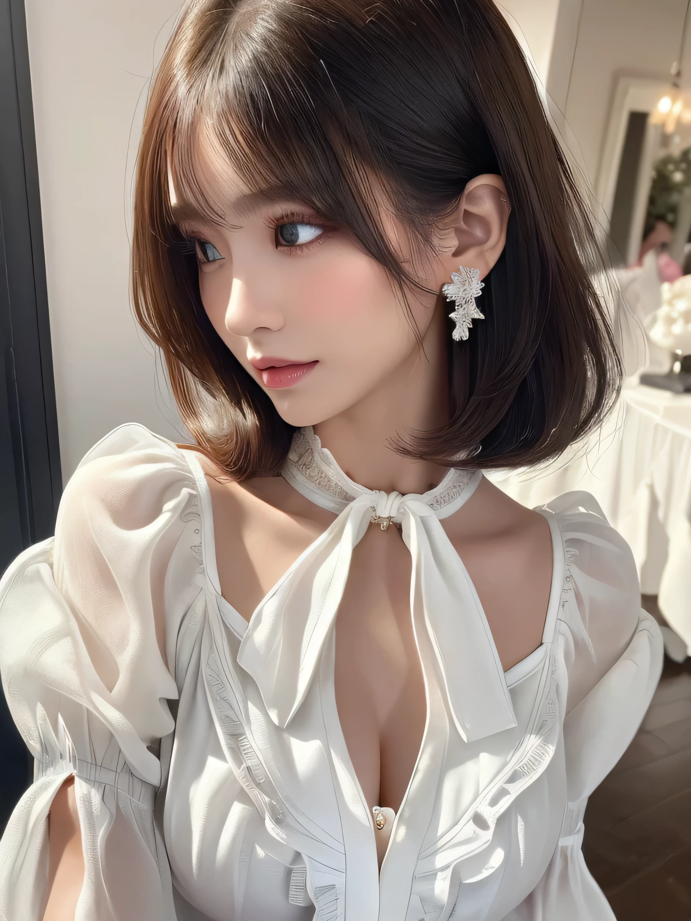 ((highest quality)),(超A high resolution),(Very detailed),(Detailed Description),((The best CG)),(masterpiece),super precision art, bob hair、((Lush bust、White and beautiful blouse、with slit:1.3)),