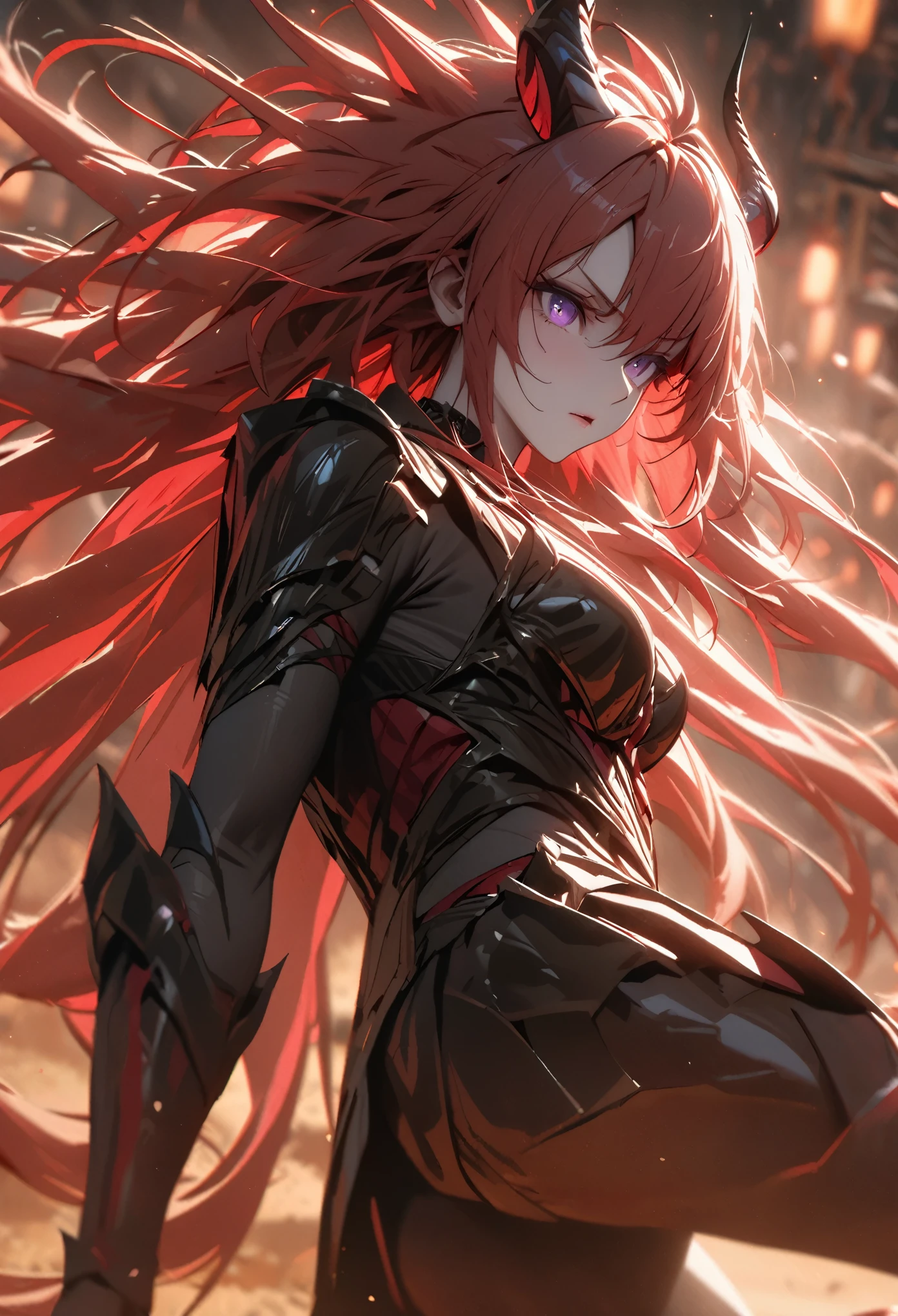 (solo), pinkish red hair, messy hair, mane hair, extra long hair, dense hair, wild hair, expressive hair, mature, woman, (25 year old), pale skin, purple eyes, curved horns, demon girl, demonic woman, wearing a black armor, armored arms, armored legs, claws,, beautiful, attractive, eye reflection, depth of field, thunder aura,cinematic lighting, ray tracing, depth of field, cinematic lighting, ray tracing, UHD, high details, best quality, highres, high quality, award winning, super detail, masterpiece, 8k, UHD, high details, best quality, highres, high quality, award winning, super detail, masterpiece, 8k, digital art, anime coloring, body shot, good face, perfect face, detailed face, good eyes
