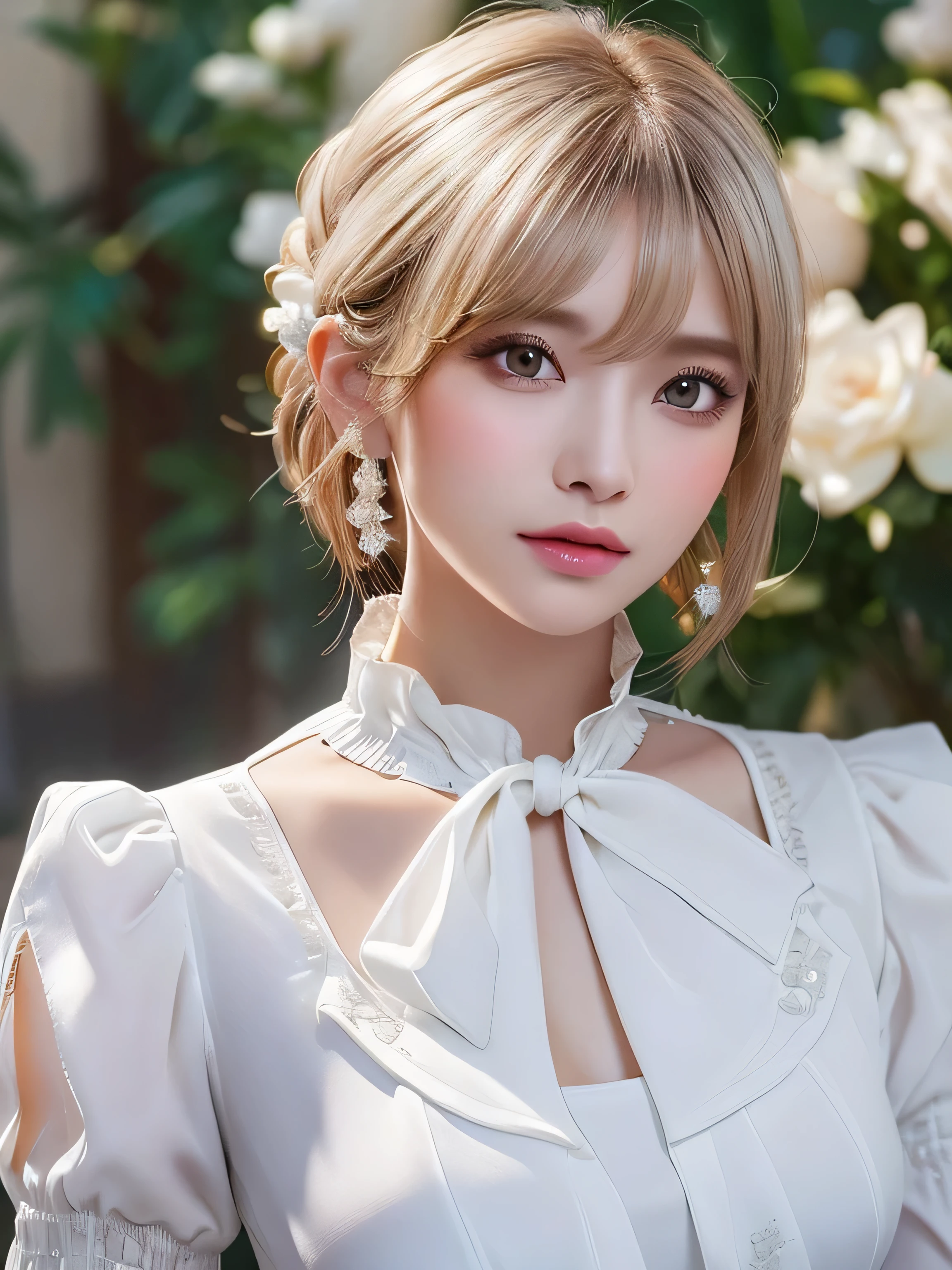 ((highest quality)),(超A high resolution),(Very detailed),(Detailed Description),((The best CG)),(masterpiece),super precision art, bob hair、((Lush bust、White and beautiful blouse、with slit:1.3)),