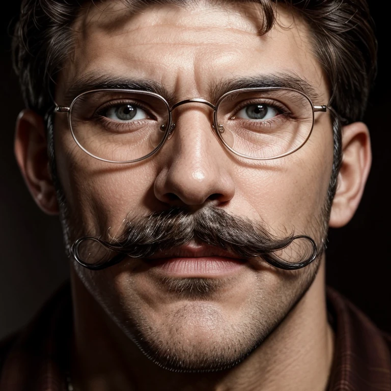 Masterpiece, best, 1male, mature man, man with mustache, glasses,upper body,face close-up.
