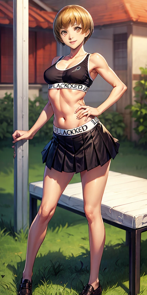 blacked, sports bra, plain black bra, outdoors, female (Chie Satonaka | Persona 4) full body standing on bed, cowboy shot, absurdness, perfect anatomy, masterpiece, black skirt, slightly muscular, perfect face, perfect eyes, smile, cute, slutty, pleated skirt, normal eyes, beautiful eyes, hair, bra, short hair, asymmetrical hair, pink highlights, (sports bra, thong, blacked, Blacked underwear - clothing)