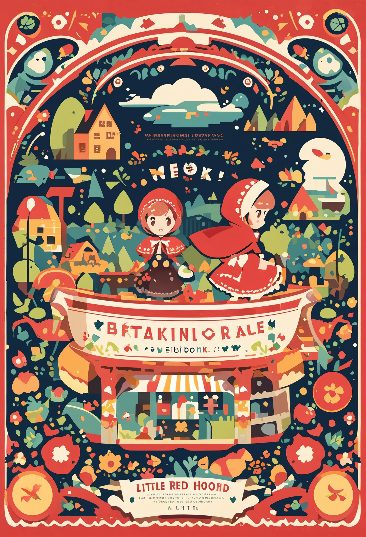 picture book cover, story of Little Red Riding Hood, flat Design, vector illustrations, graphic illustration, detailed 2d illustration, flat illustration, digital illustration, digital artwork,