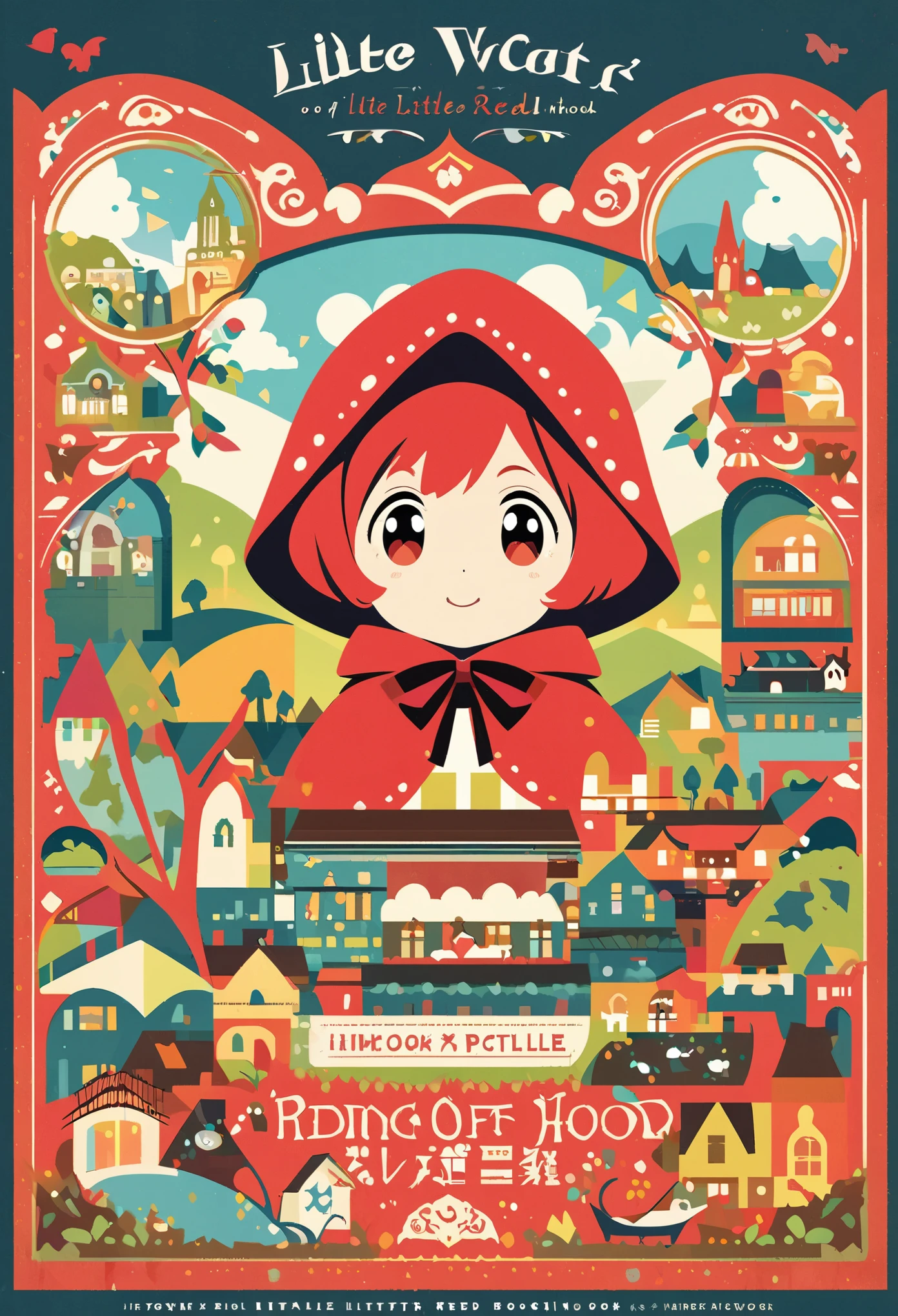 picture book cover, story of Little Red Riding Hood, flat Design, vector illustrations, graphic illustration, detailed 2d illustration, flat illustration, digital illustration, digital artwork,
