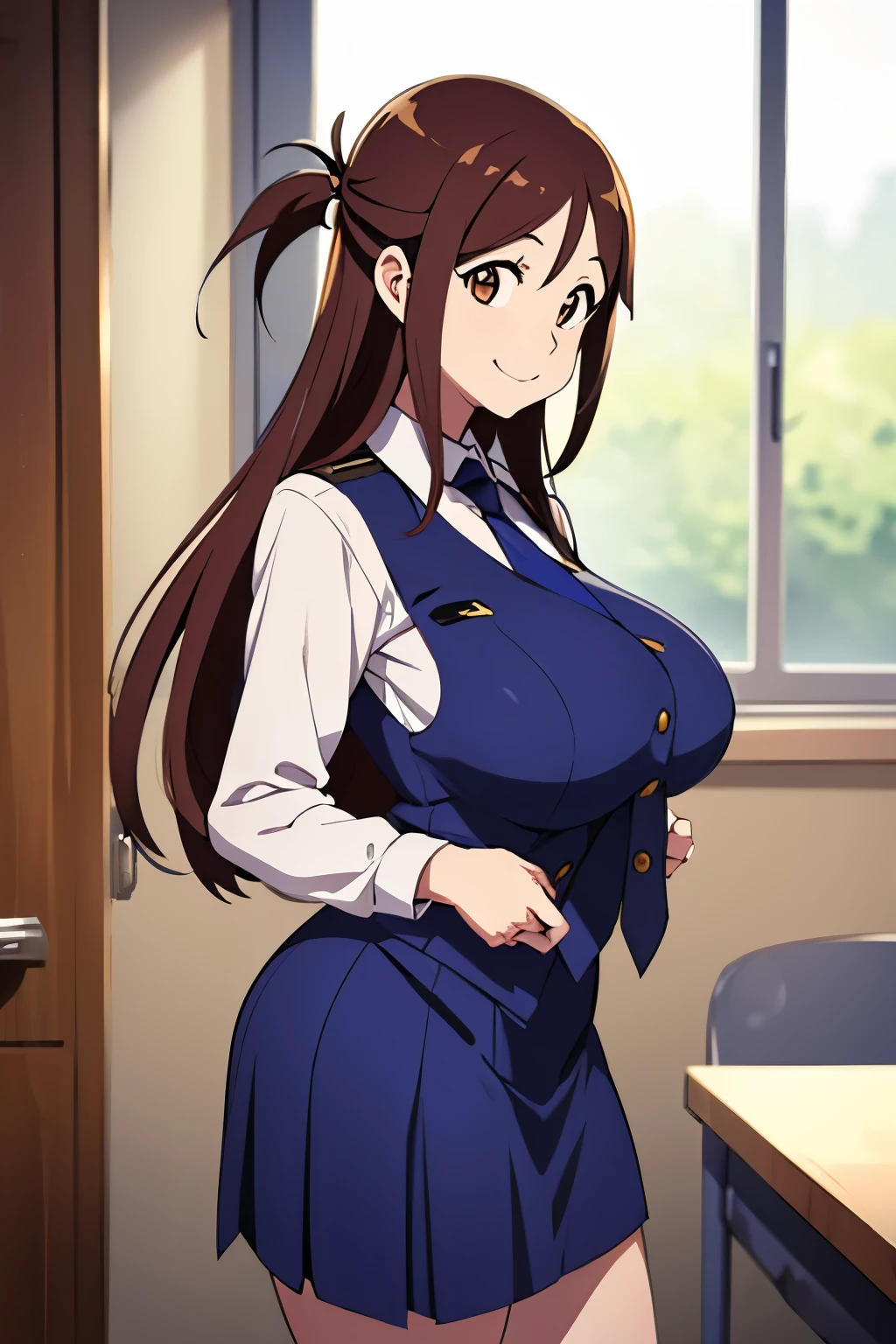 (masterpiece, best quality:1.2), cowboy shot, solo, 1girl, nana iida, smile, closed mouth, looking at viewer, uniform, vest, necktie, blue skirt,gigantic breasts,tight skirt