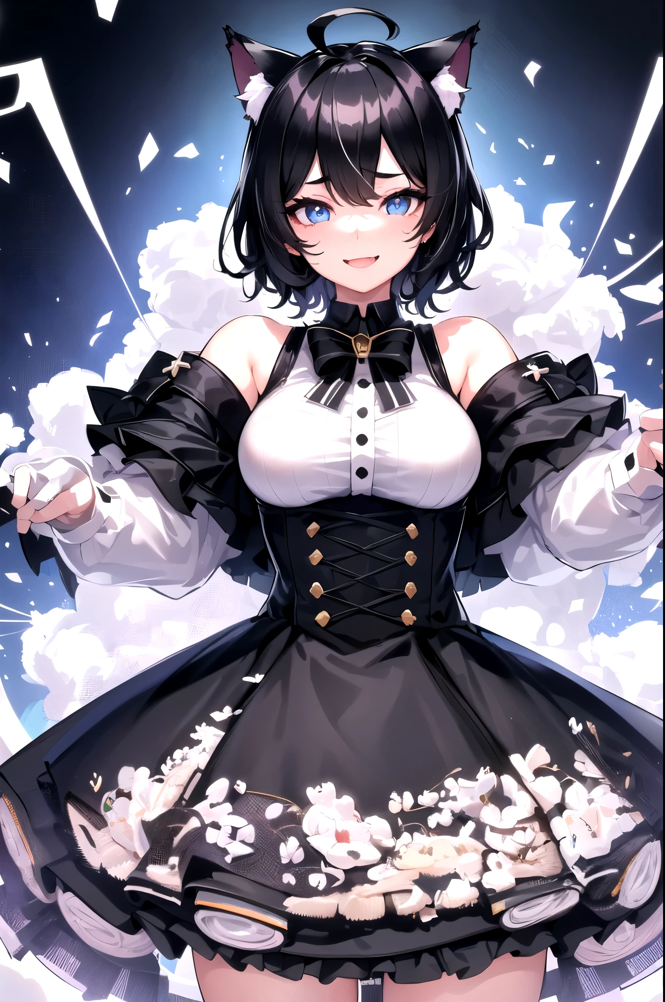 Watching the audience, One girl, Open your mouth, smile, Virtual YouTuber、With a girl、((highest quality, expensive_solve, Clear_image)),(Black Hair), (Black cat ears), (Ahoge), (((Ridiculously short hair))), (Wavy Hair), (blue eyes)、Very large breasts,Shirt on、Draw a large face、Close-up