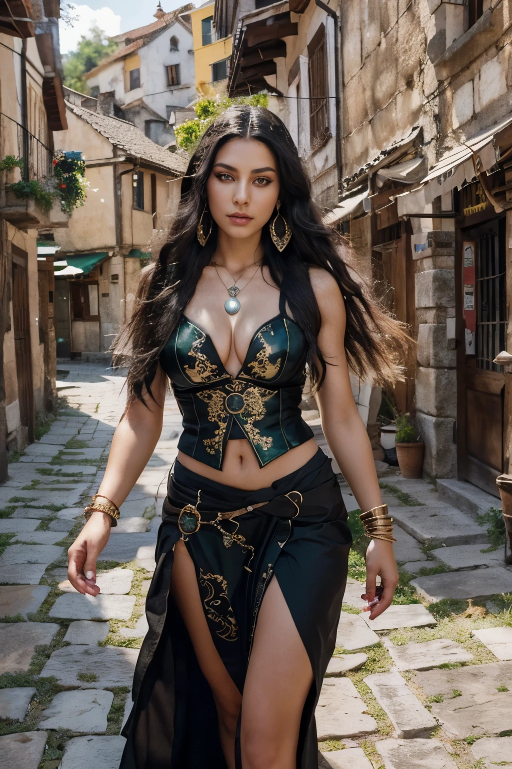 gypsy woman, 20 years old, beautiful, white skin, black hair, green highlights, straight hair with dreads, thin woman, thin waist, thin legs, flat breasts, long black skirt, vest, gypsy clothes, smudged makeup, strong shadows on makeup eyes, apple on the face, sunken eyes, dark circles, yellow eyes. snake woman, Yuan-ti. (location: medieval village, medieval village) (rpg, fantasy) adventurer clothes, jewelry, earrings, necklaces, chains.