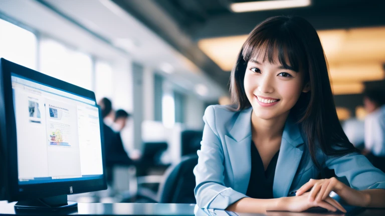 High resolution, (masterpiece: 1.4), Super detailed,young woman,smile,looking at the camera,suit,Office,Typing on a computer,Light coming from the left,Digital world,abstract