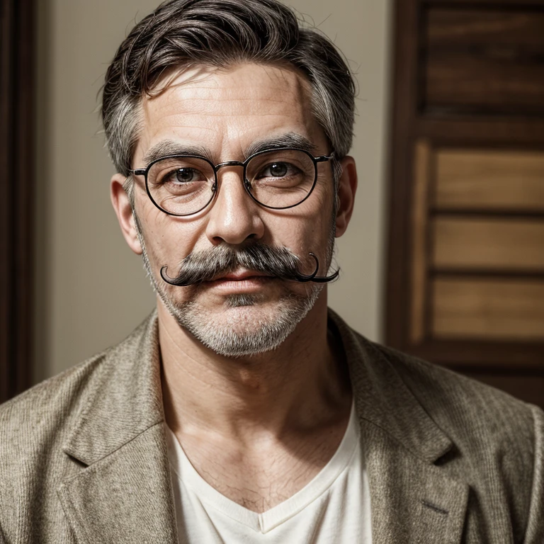 Masterpiece, best, 1male, mature man, man with mustache, glasses, detailed upper body