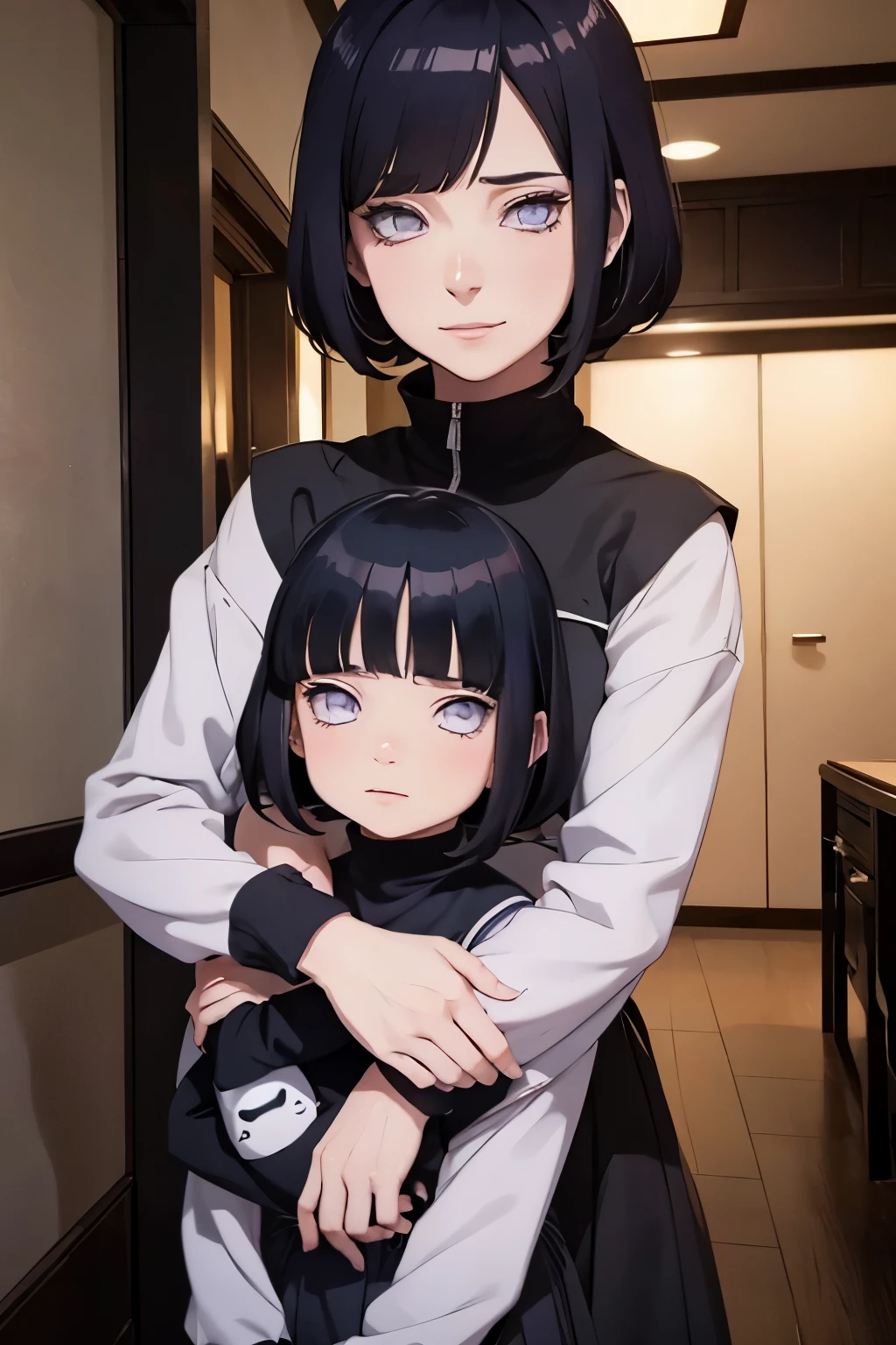 2d, _todler_, {{6 years old}}, RPG character in Naruto alternative universe by Masashi Kishimoto, specially in hyuga clan; Appearance base is Wraith from Apex Legends, with byakugan-soft lilac eyes, kind and soft expression making her look swwet; joyfull, short and dark hair (with shades of dark blue); artwork in modern Japanese animation style, 8k high definition quality, masterpiece, {{high detailed eyes}}, grain filter, high resolution, extremely detailed, portrait, Anatomically accurate, girly reddish cheeks; (highest quality:1.3), {{dutch angle}}, {{smiling todler}}, {{inocent}} ((byakugan)), ((child))