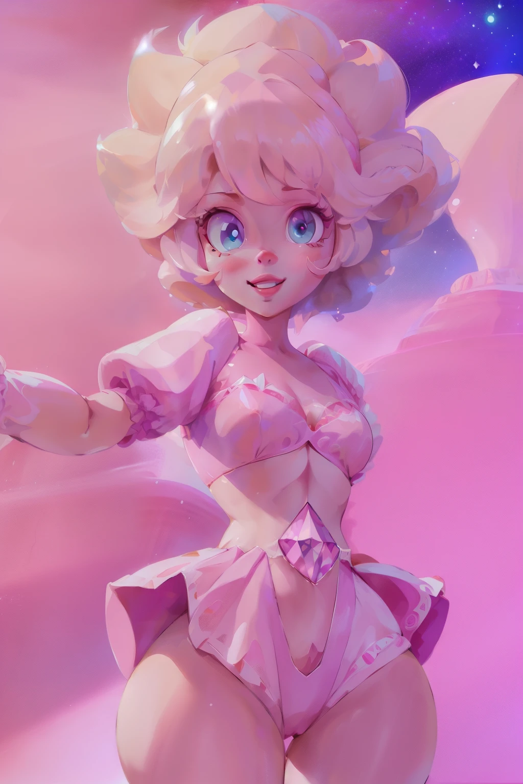 pnkdamond, pink hair, pink eyes, big hair, stomach gem, pink skin, toned,
puffy short sleeves, elbow gloves , white thighhighs, puffy dress,
standing, upper body,
outerspace,
(insanely detailed, beautiful detailed face,beautiful detailed eyes, masterpiece, best quality) cinematic lighting, smile,
