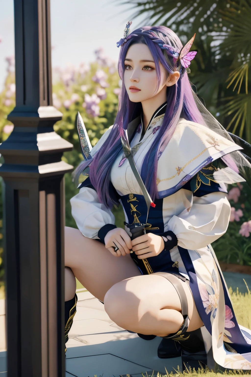 Octane Render、(Hyper-detailing: 1.15)、cinematic lightening、Sword Practice、long sword、Knee-high boots、super fine eyes、Full Paint、(floral hair ornament、butterfly hair ornament)、anatomically correct、Blur、Depth of the bounds written