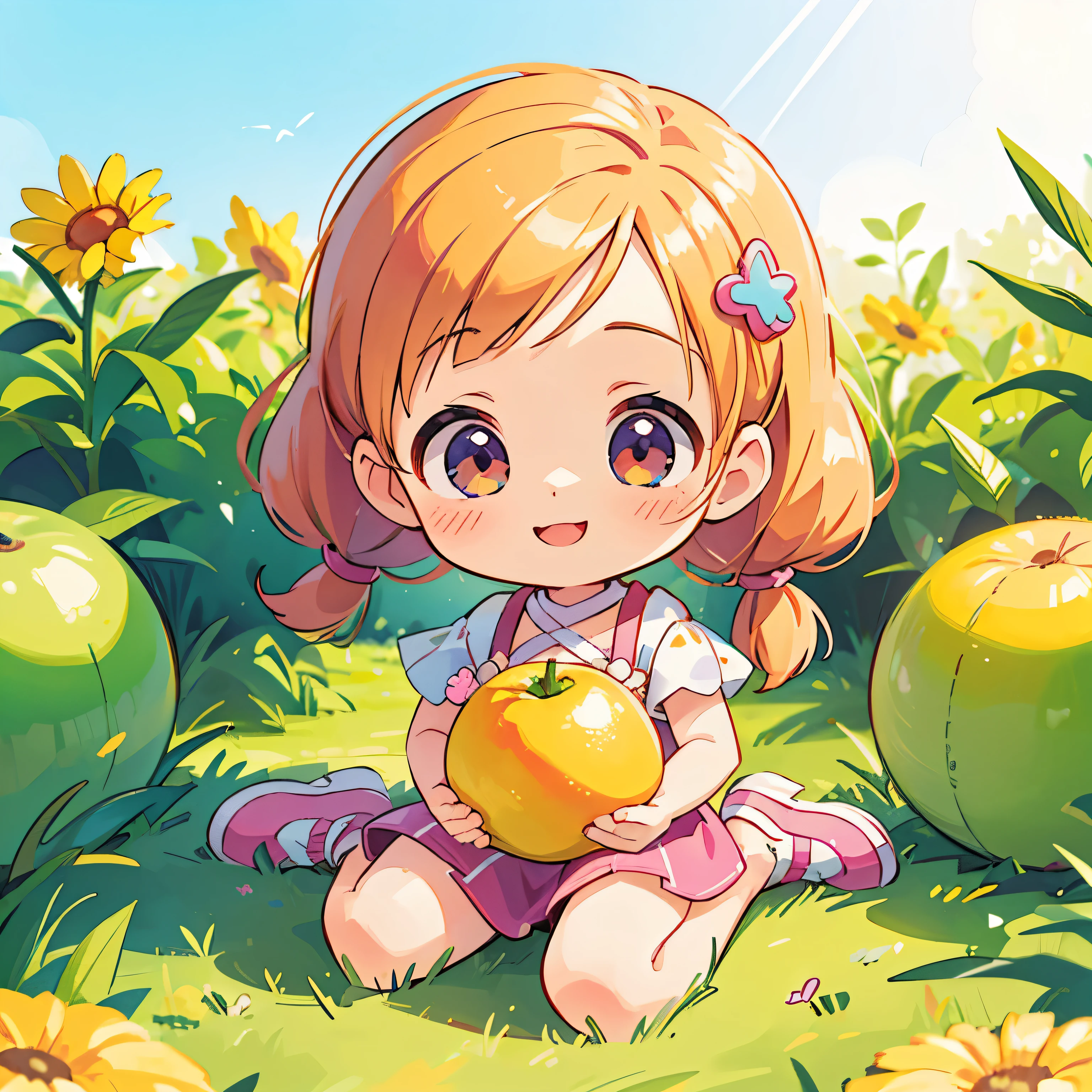 (Reality:1.37)、Octane Rendering、Chibi girl doll in the center of the fruit platter、Girls have double ponytail hairstyle，Smiling face、Vibrant colors、Soft sunlight、Playful Atmosphere、Quiet environment、Detailed texture、Vibrant colors、Cute shoes and accessories、He looks happy.