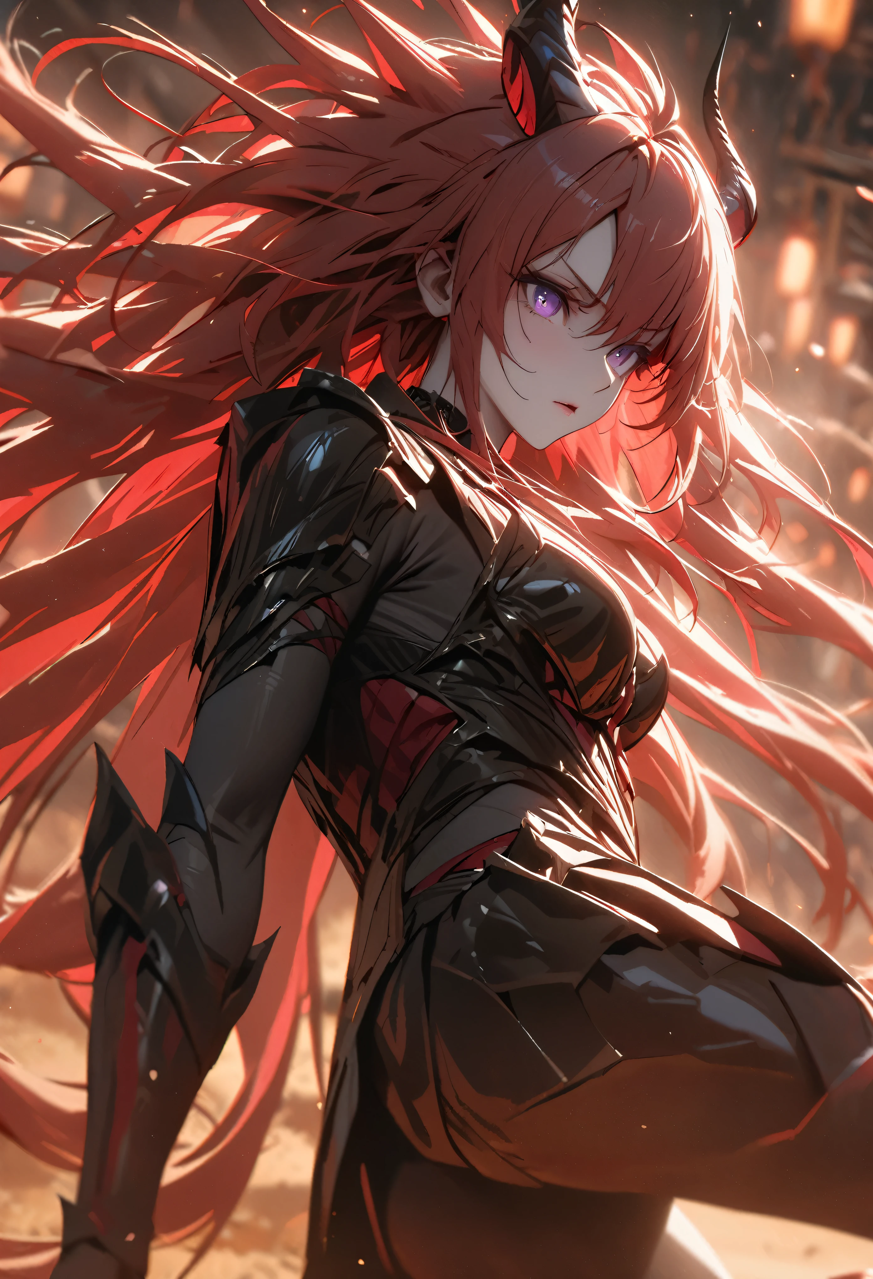 (solo), pinkish red hair, messy hair, mane hair, extra long hair, dense hair, wild hair, expressive hair, mature, woman, (25 year old), pale skin, purple eyes, curved horns, demon girl, demonic woman, wearing a black armor, armored arms, armored legs, claws,, beautiful, attractive, eye reflection, depth of field, thunder aura,cinematic lighting, ray tracing, depth of field, cinematic lighting, ray tracing, UHD, high details, best quality, highres, high quality, award winning, super detail, masterpiece, 8k, UHD, high details, best quality, highres, high quality, award winning, super detail, masterpiece, 8k, digital art, anime coloring, body shot, good face, perfect face, detailed face, good eyes