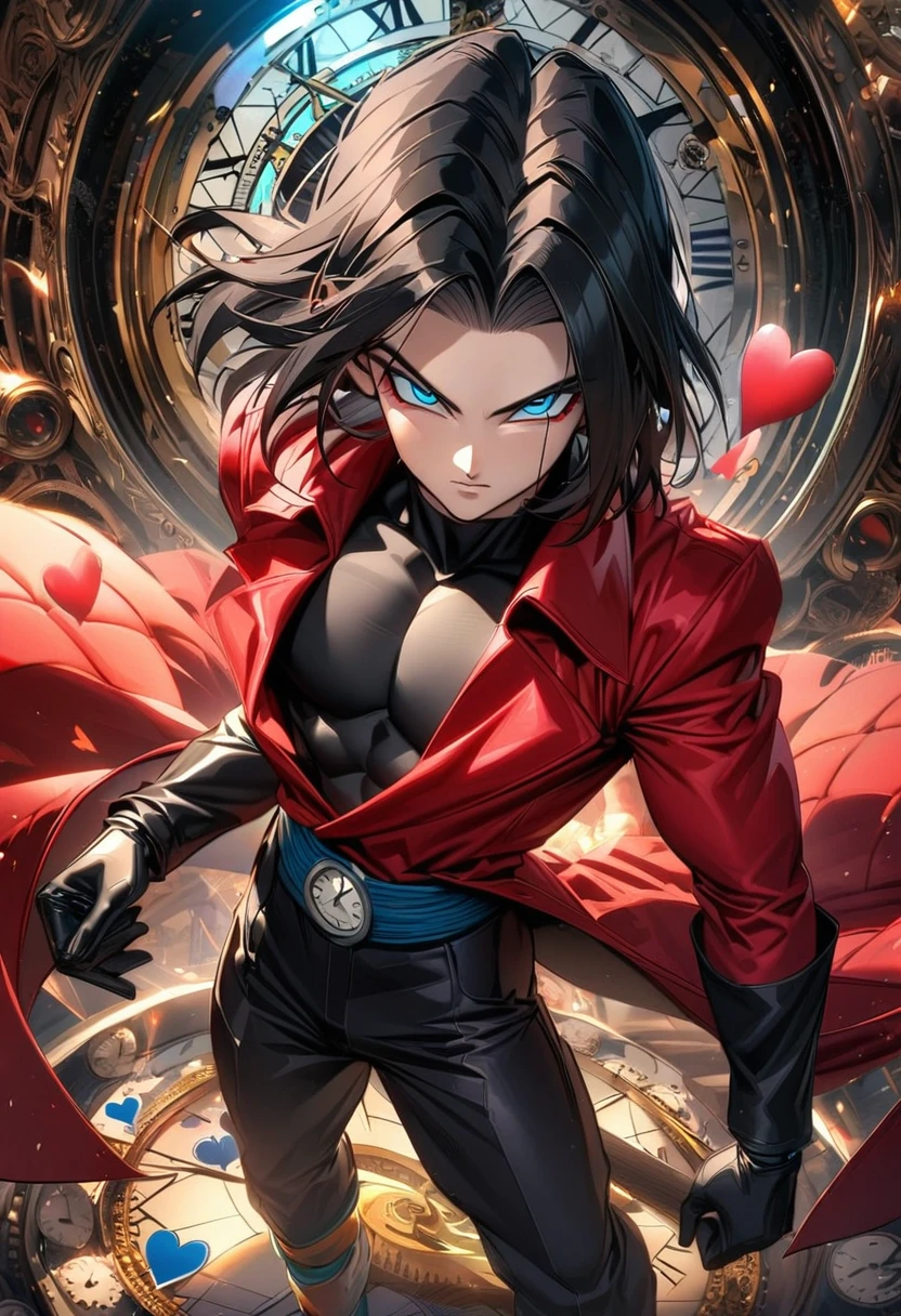 Ultra detailed, highres, absurdres, HDR, Android 17, black hair, blue eyes, Dragon Ball Super, red long coat, black tight shirt with patterns, clock, gear, in wonderland, heart cards, sexy man, solo, handsome, very detailed face and eyes, toned chest, black pants, black gloves,