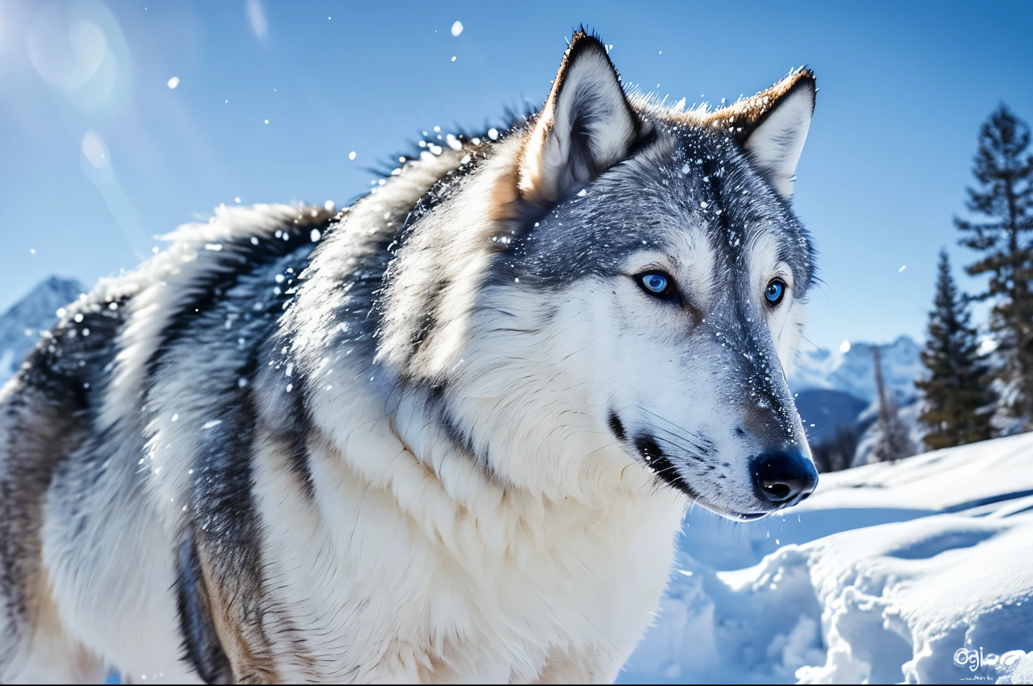 (best quality,ultra-detailed,realistic:1.37),white wolf in the snow,gorgeous winter scenery,crisp snowflakes,pristine snow-covered landscape,wolf's piercing blue eyes,strong and majestic stance,thick fur with intricate patterns,snow crystals glistening on the wolf's fur,mysterious aura surrounding the wolf,subtle shadows and highlights,impeccable attention to fur texture,dramatic lighting revealing the wolf's regal features,natural snow-covered trees in the background,vivid colors contrasting with the white snow,ethereal atmosphere,snowy mountains in the distance,subtle hints of the wolf's breath in the cold air