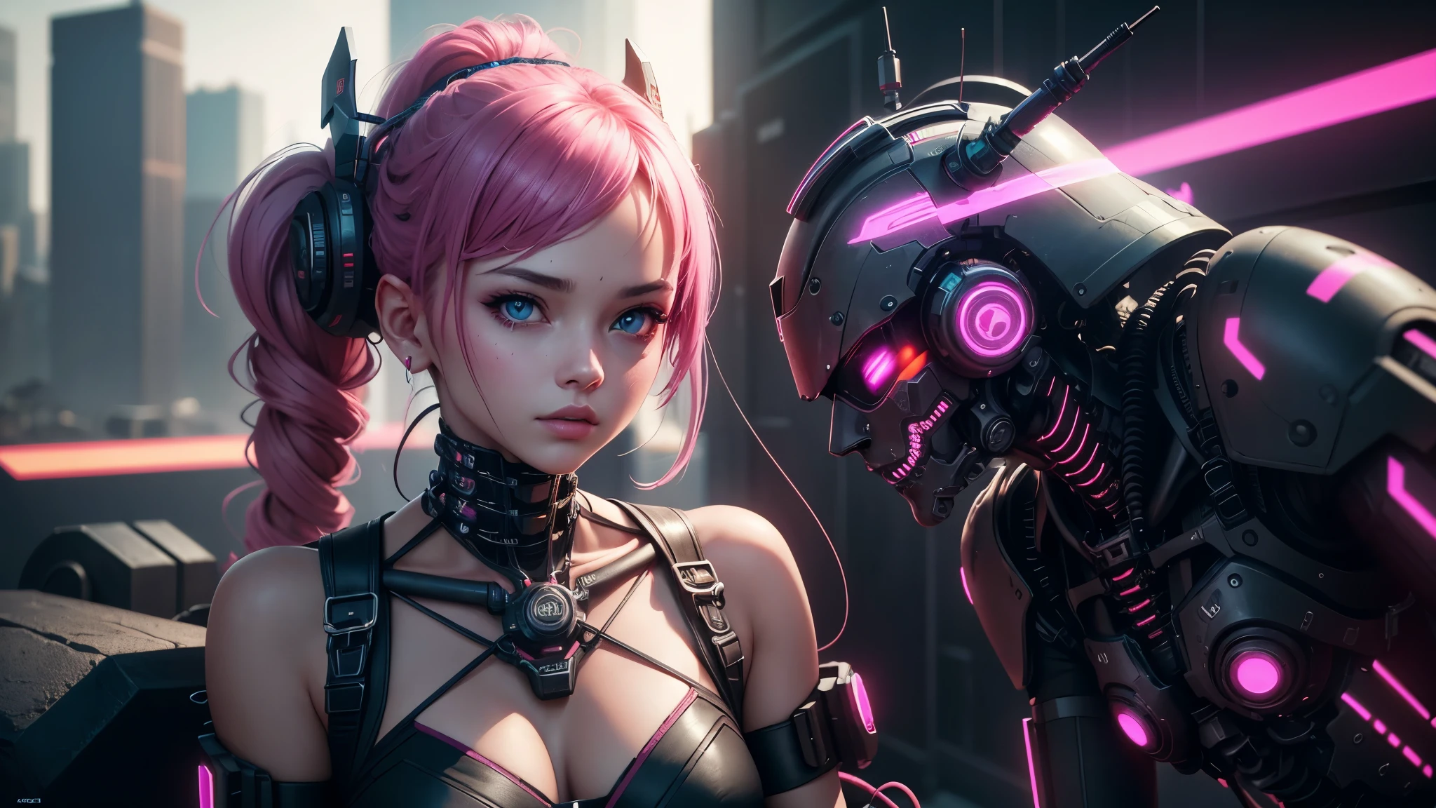Cute Rose Blackpink Cyberpunk Machine Girl, Ultra-Realistic Details, Global Illumination, Shadow, Octane Rendering, 8k, Ultra Sharp,Metal,Complex, Decorations detailed, Cool colors, More about Cyberpunk, highly Complex details, Realistic Light, Trending on CGSociety, Shining Eyes, To the camera, Neon Details, Mechanical limbs,Blood vessels connected to tubes,Mechanical vertebrae attached to the back,Attaching a mechanical cervical vertebra to the neck,Sitting,Wires and cables connecting to the head