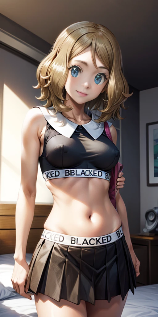 blacked, sports bra, plain black bra, outdoors, female (Serena Serena / Pokemon) full body standing on bed, cowboy shot, absurdness, perfect anatomy, masterpiece, black skirt, slightly muscular, perfect face, perfect eyes, smile, cute, slutty, pleated skirt, normal eyes, beautiful eyes, hair, bra, short hair, asymmetrical hair, pink highlights, (sports bra, thong, blacked, Blacked underwear - clothing)