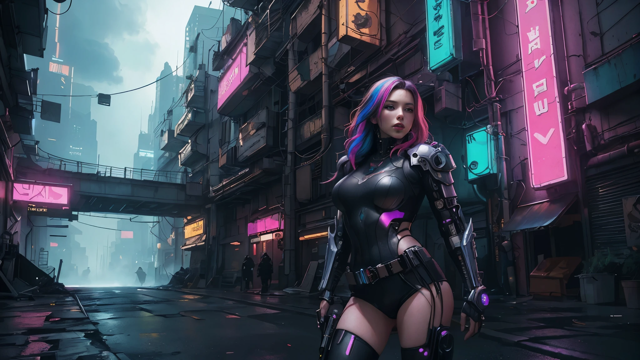 (Realistic:1.4) cyberpunk girl images, (highest quality, 8k, 32k, masterpiece) , (Dynamic pose), ((Front camera)), Cowboy Shot, Shapeless hair, Multicolored Hair, Colorful cyberpunk combat armor,Depth of written interface f/1.8, Cyberpunk city background, Cinema Lighting.