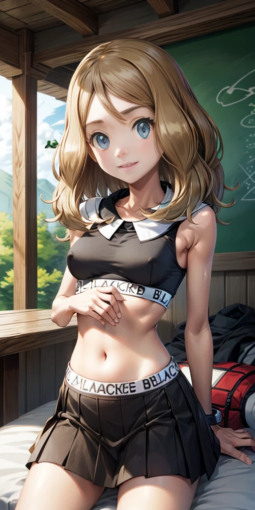 blacked, sports bra, plain black bra, outdoors, female (Serena Serena / Pokemon) full body SITTING on bed, cowboy shot, absurdness, perfect anatomy, masterpiece, black skirt, slightly muscular, perfect face, perfect eyes, smile, cute, slutty, pleated skirt, normal eyes, beautiful eyes, hair, bra, short hair, asymmetrical hair, pink highlights, (sports bra, thong, blacked, Blacked underwear - clothing)