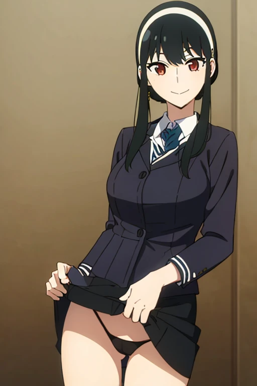 (masterpiece, highest quality: 1.2), alone, 1 girl, alone, panties，，black，Sailor suit，blazer，your heather, smile, Mouth closed, View audience, Long black hair, head band,  Earrings, Big Breasts, Medium Waist, Medium Hips, wide thighs, Embarrassing, charm, smiling with her Mouth closed, Good move..., Excellent anatomy,panties，classroom，，Sailor suit，blazer，skirt， (((skirtめくり, I can see your pants)))，