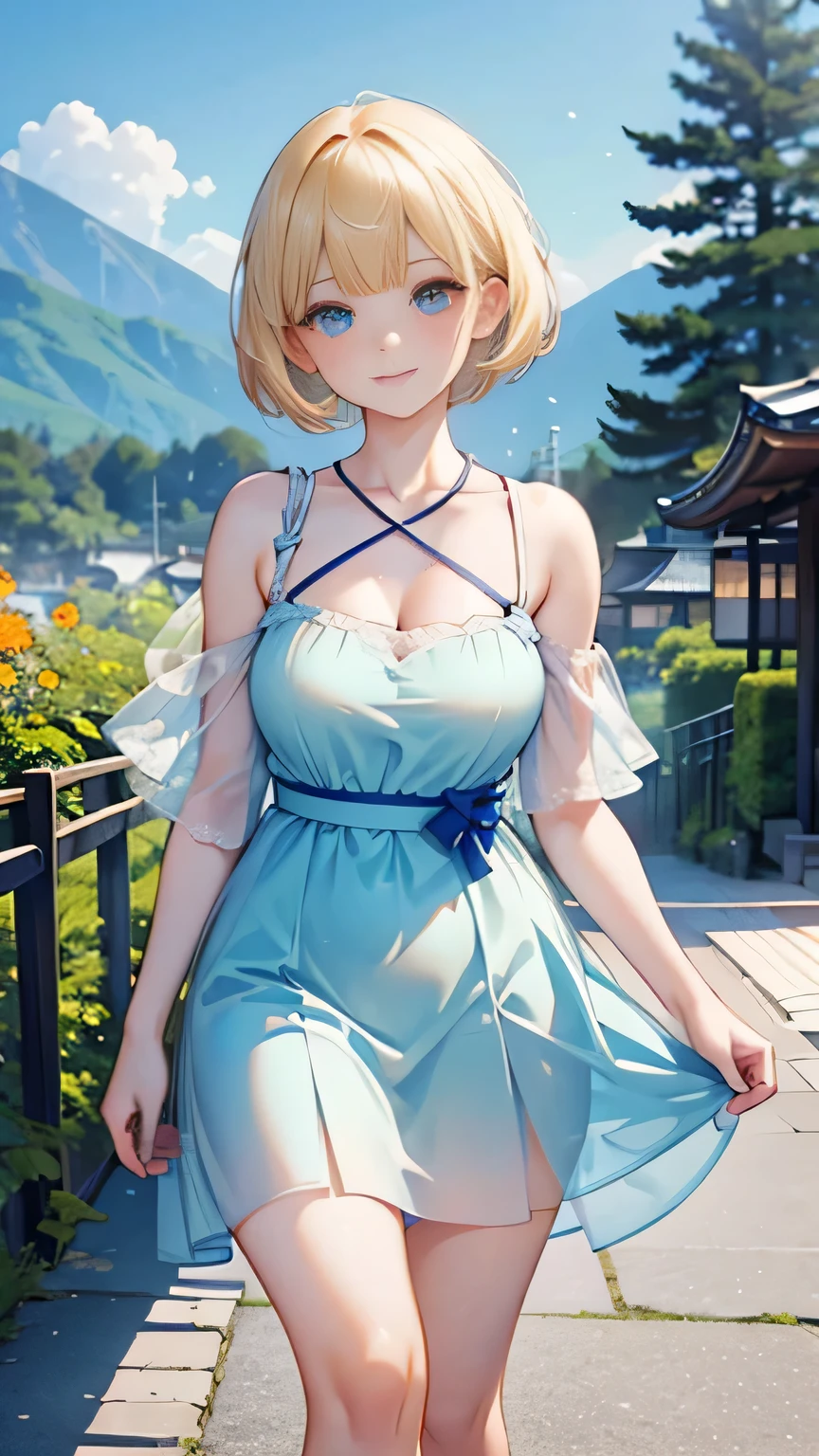 full body,high angle,from above,cleavage,♥(beautiful elegant blue summer mini dress),((1girl,cute,young,pixie cut beautiful blonde hair,blunt bangs,beautiful eyes)),(solo),((masterpiece, highest resolution,best quality)), ((realistic:1.5,Beautiful girl RAW photo)), (looking at the viewer), innocent smile,cinematic lighting,walking around Kyoto,crowded,beautiful shops,temples and mountains,flowers,trees,blue sky