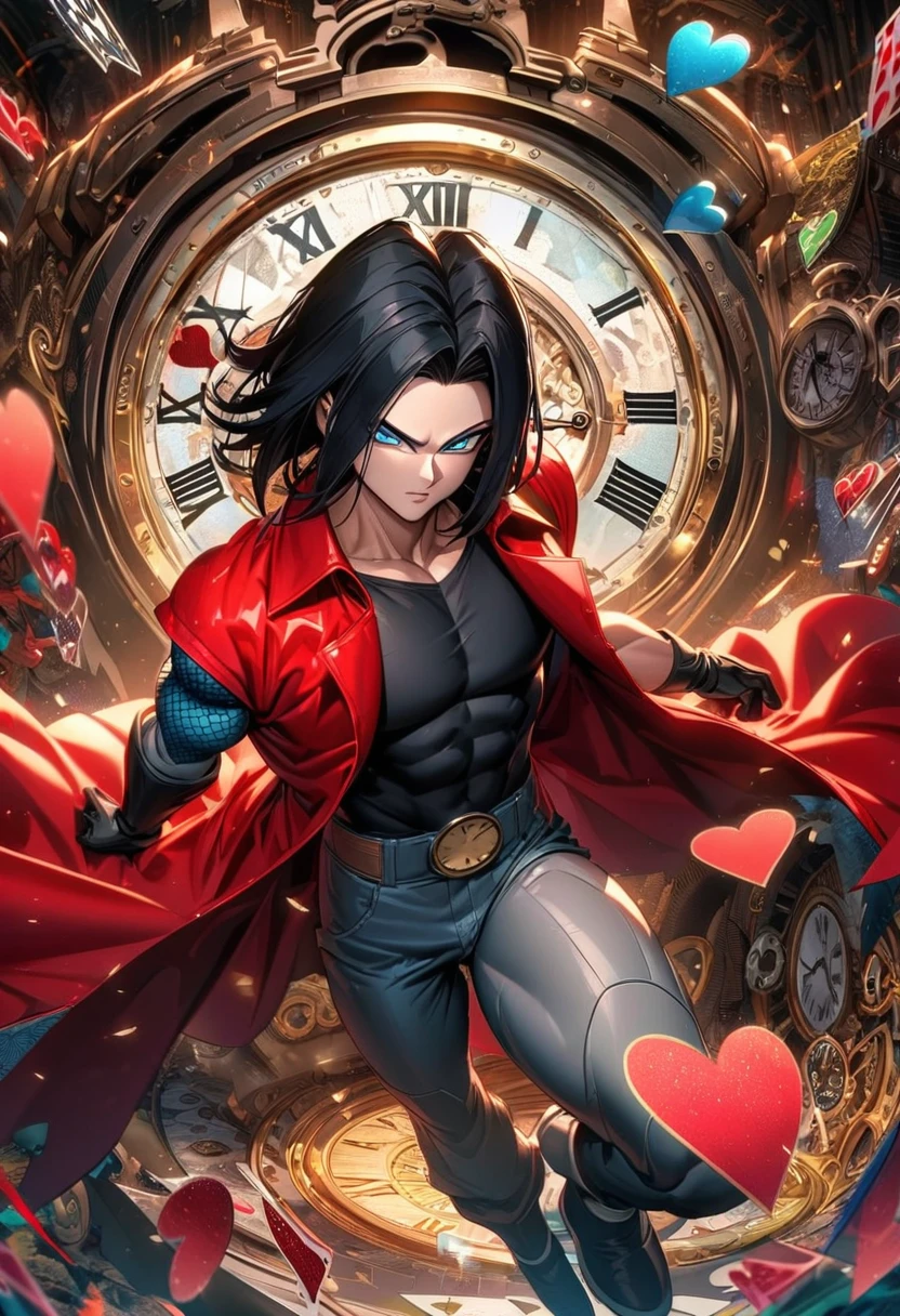 Ultra detailed, highres, absurdres, HDR, Android 17, black hair, blue eyes, Dragon Ball Super, red long coat, black tight shirt with patterns, clock, gear, in wonderland, heart cards, sexy man, solo, handsome, very detailed face and eyes, toned chest, black gloves,