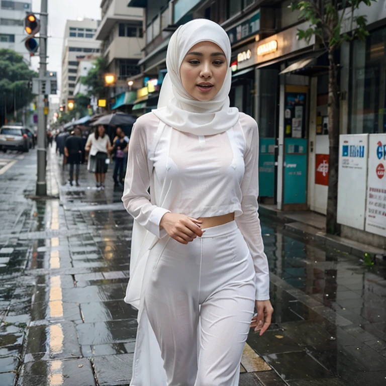 Young beautiful sweet sundanese Bogor city girl, 25 years old, slim body, georgeus face, no underwear, wearing  wet white thin hijab, all her  hairs covered under her hijab,  wearing wet white thin see through very transparent buttoned dress, wearing wet white thin strict see through very  transparent trousers, standing  limp as being having sex  in the hard  rain on the Bogor city street side walk,  rain drop visible, water flowing down through all the thing, dense hairy vagina exposed visible through her trousers, being having sex orgasm face, open wide mouth, half closed eyes, one of her  hand grabing her chest, realistic normal fingers, wearing wet glasses, wearing expencive high heels,  carrying a expencive hand bag,