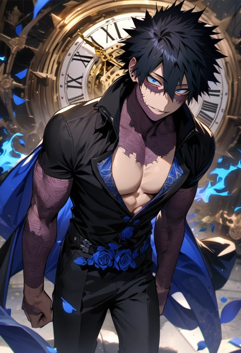 absurdres, highres, ultra detailed, HDR, masterpiece, extremely detailed face and eyes, perfect face, Dabi, black hair spiked around his head, hair between the eyes, expressive blue eyes, Boku No Hero Academia, solo, sexy man, handsome, black coat, tight black shirt, patterns, black pants, toned chest, blue roses, petals, in woderland, clock, blue flames