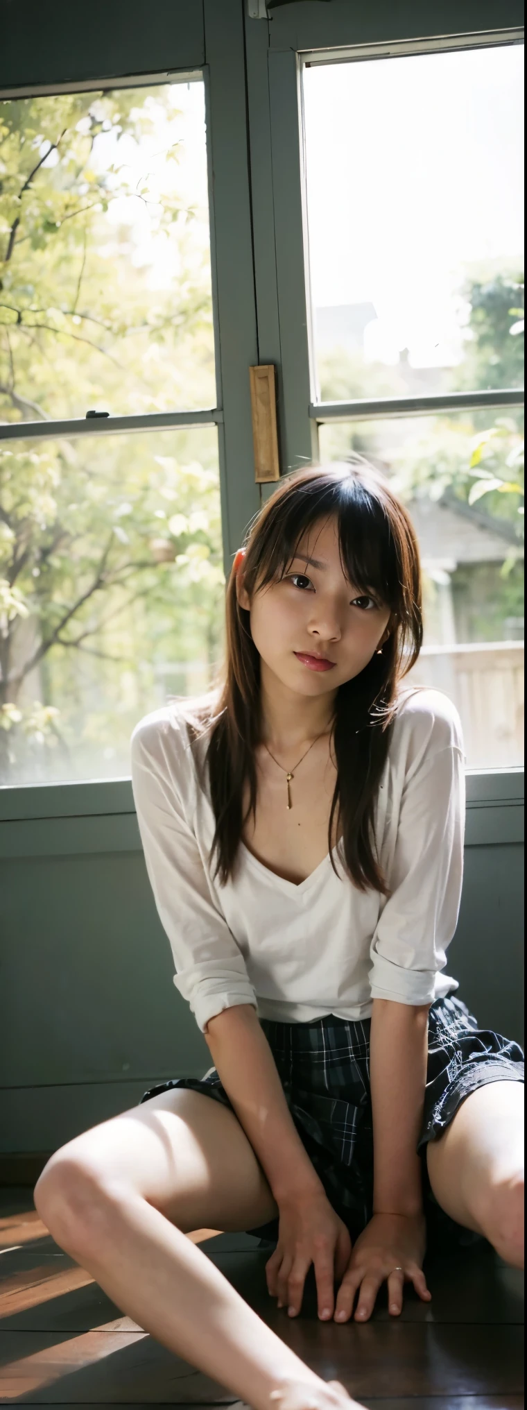 Open shirt, (((Leaning forward))), ((Round face, Around ,mini skirt、Loose chest)), Long Hair, , Natural Makeup, Lips become thicker, Sweet gaze, barefoot, ((Leg spread)), Shooting from below,A sweet expression ,((Very precise and accurate anatomy)), (masterpiece:1.43), Perfect Proportions, Realistic photos, Full Shot, whole body, (height: 157cm),