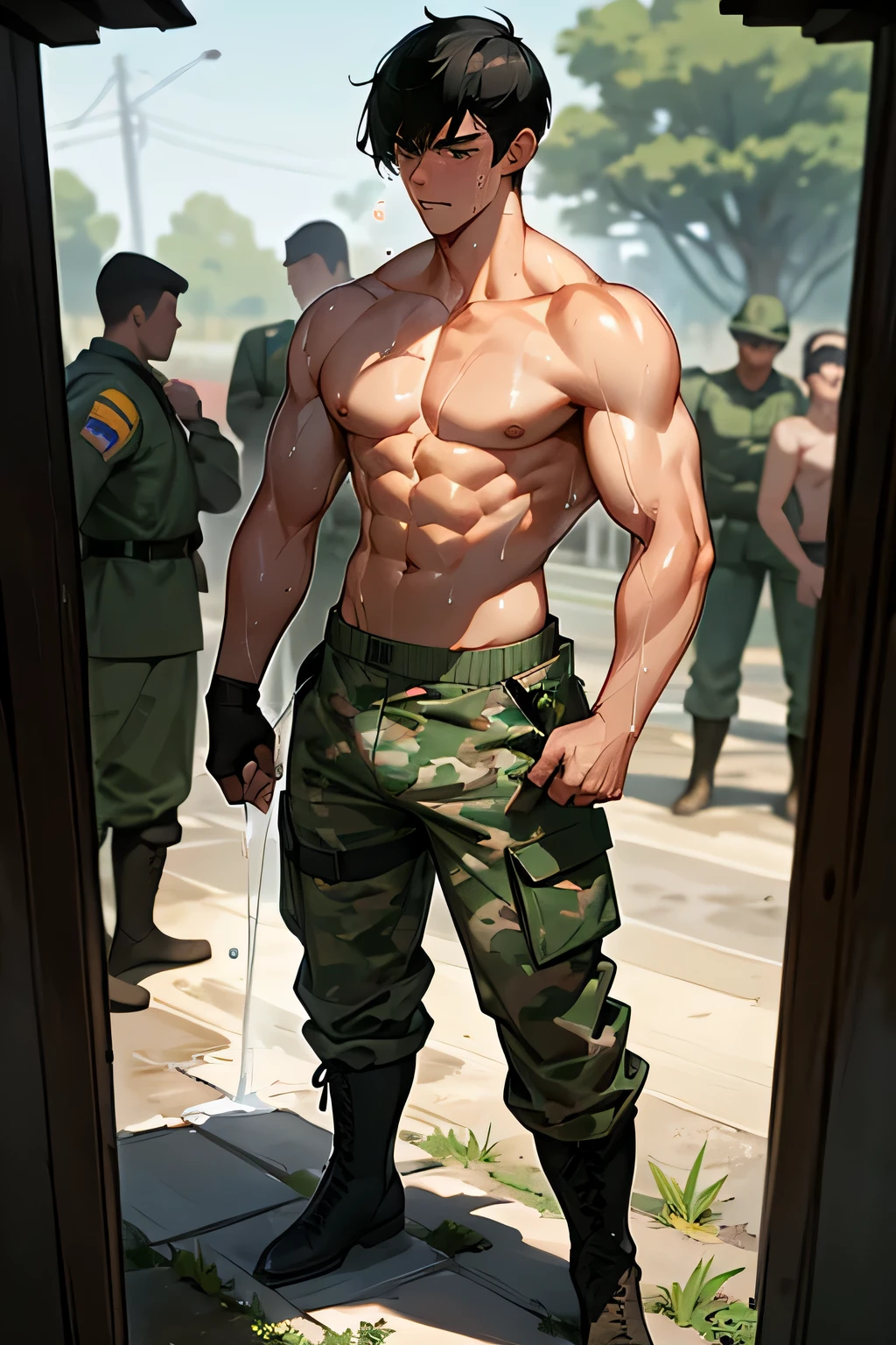 shirtless, handsome, super muscular, short black hair, caucasian male soldier in camouflage pants and boots, sweat-drenched, soaking wet, drenched with sweat, sweating profusely, soaking wet with sweat, shirtless, standing, in line with other soldiers, the military camp