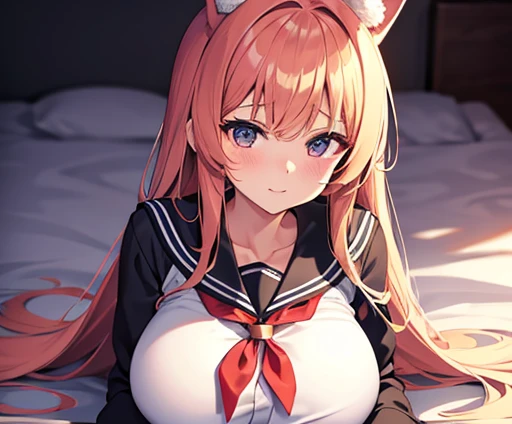 slender, mature female,solo, forehead, amount,1girl, hair_bobbles, twintails, fake_animal_ears,  rating:questionable, orange_hair, hair_ornament,  very_long_hair, cat_ears, open_mouth, black_hairband, ass, looking_at_viewer, hair_between_eyes, low_twintails, nude, bangs, top-down_bottom-up, :d, on_bed, smile, blush, brown_eyes, animal_ears, indoors, blurry_background, bed, blurry, swept_bangs, all_fours, red_eyes, eyebrows_visible_through_hair, breasts, large_breasts, 