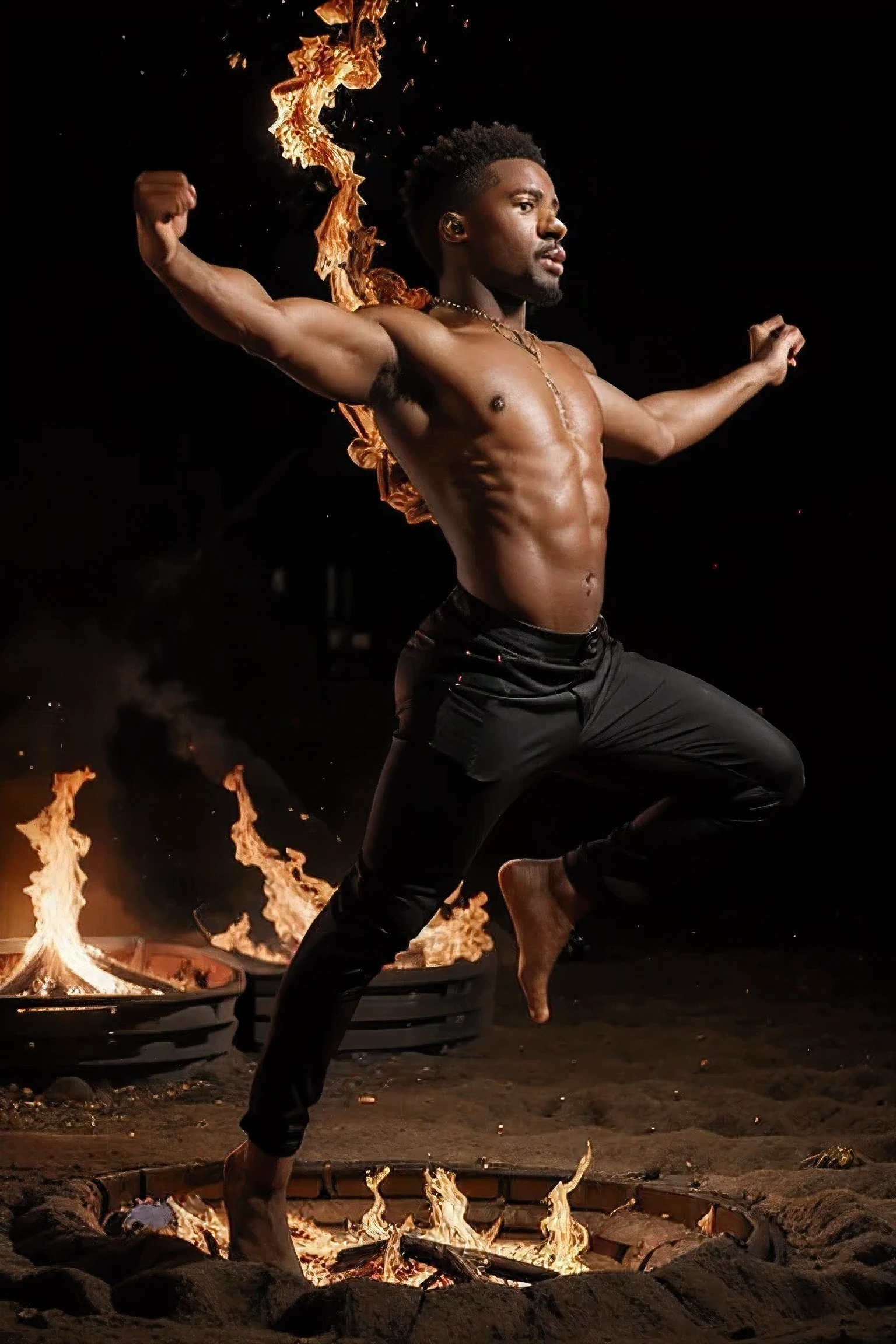 shirtless black man with black pants, colar e sapato vermelho, and dancing with the ground in flames of fire, fundo com fogos somente
