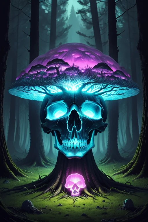 ShroomPunkAI, bioluminescence, skeleton, messy environment