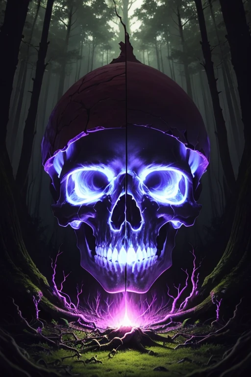 Psychedelic idea of a Skull in the forest, the top of the skull is dominated by photoluminescent mushrooms, there are some fallen tree trunks ahead, and mosses taking over the ground and trunks
