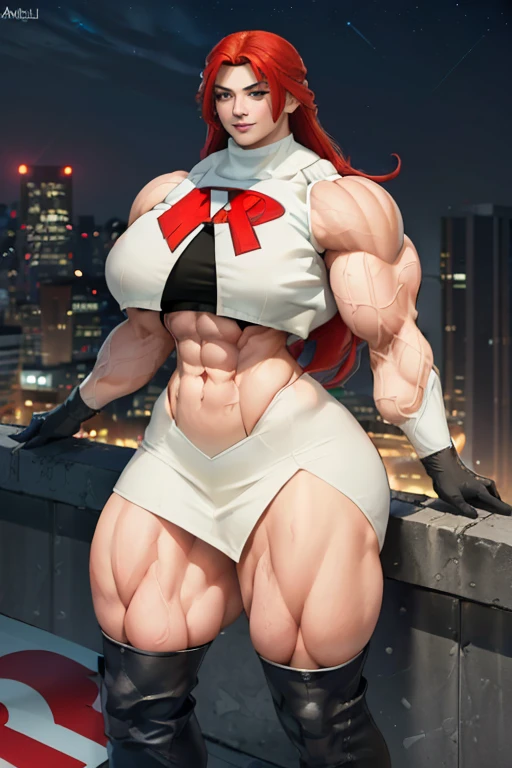 (((((Massive tall, beautiful, buff, pale white muscular asian goddess woman with red hair, ginormous bulky muscles and wearing a sleeveless team rocket uniform with skirt))))), close view, (massive muscles), massive biceps, hyper muscle shoulders, (ginormous muscular arms), vascular shoulders, hyper muscle triceps, (long hair), yellow eyes, choker, black thigh high boots, (on the rooftop), confident smile, night, hyper vascular arm, hyper muscles arms, hyper muscle legs, (ginormous arms).